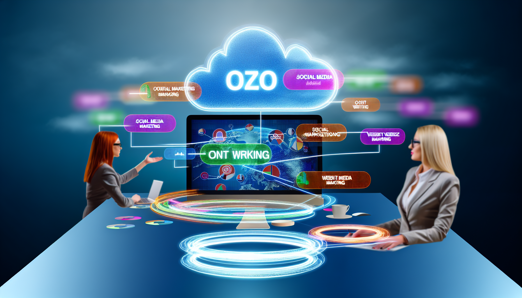 Eine detaillierte visuelle Darstellung des Online-Marketings. In der Szene ist ein Schreibtisch mit einem Computer zu sehen, der ein lebhaftes, farbenfrohes Display einer Infografik zeigt, die aktuelle digitale Marketingstrategien wie SEO, Content-Erstellung, Social Media Marketing, Webdesign usw. darstellt. Im Hintergrund ist eine virtuelle Wolke zu sehen, die die Internetverbindung symbolisiert. Eine kaukasische Frau und ein hispanischer Mann, die als digitale Marketer tätig sind, sitzen am Schreibtisch und führen aktiv eine marketingbezogene Diskussion.