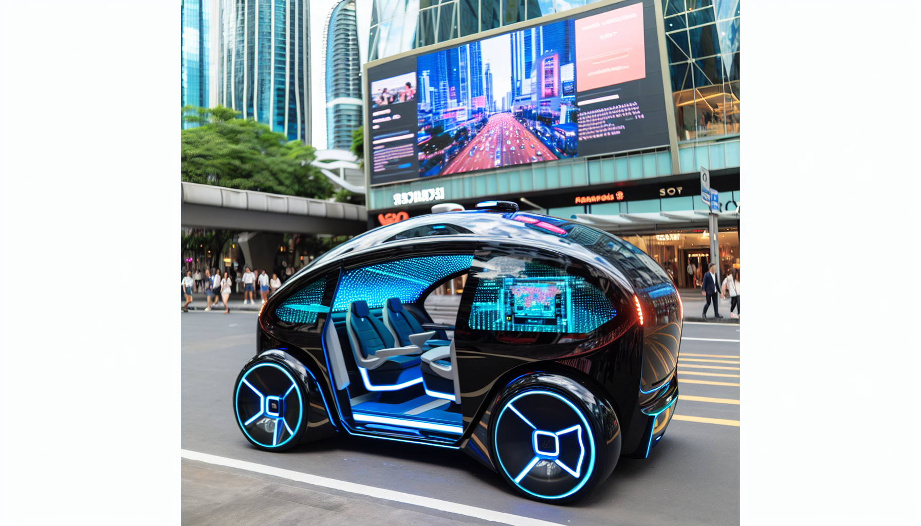 Ein futuristisches autonomes Fahrzeug, das an einer StadtstraÃŸe geparkt ist. Das Fahrzeug ist glÃ¤nzend schwarz mit neonblauen Akzenten. An den Seiten des Fahrzeugs zeigen Displays aktuelle Verkehrsdaten und Nachrichten an. Das Innere des Fahrzeugs ist durch ein transparentes Dach sichtbar. Es ist mit bequemen Sitzen und einem fortschrittlichen Navigationssystem ausgestattet. Die Umgebung umfasst hohe Wolkenkratzer mit holografischen Werbeanzeigen und LED-Schildern. Menschen unterschiedlicher Herkunft gehen auf den BÃ¼rgersteigen.