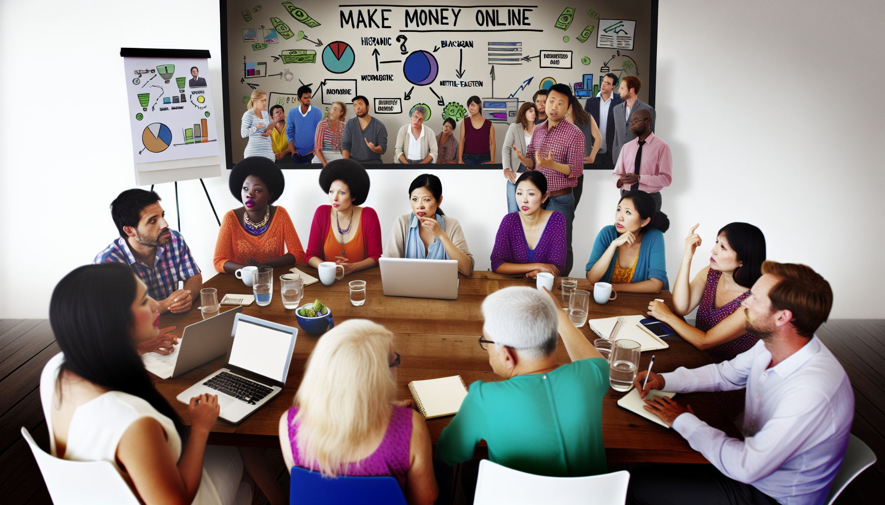 Eine Szene, in der eine Gruppe von vielfältigen Menschen brainstormt, wie man online Geld verdienen kann. Die Gruppe umfasst Frauen und Männer hispanischer, kaukasischer, schwarzer, nahöstlicher und südasiatischer Herkunft. Sie sitzen um einen großen Holztisch, der mit Laptops, Kaffeetassen, Notizblöcken und Stiften gefüllt ist. Einige Personen sprechen leidenschaftlich, während andere eifrig Notizen machen. Diagramme und Grafiken zu Ideen für das Geldverdienen im Internet werden auf einer großen Leinwand im Hintergrund projiziert. Die Atmosphäre ist geprägt von gemeinsamem Lernen und einem offenen Austausch von Ideen.