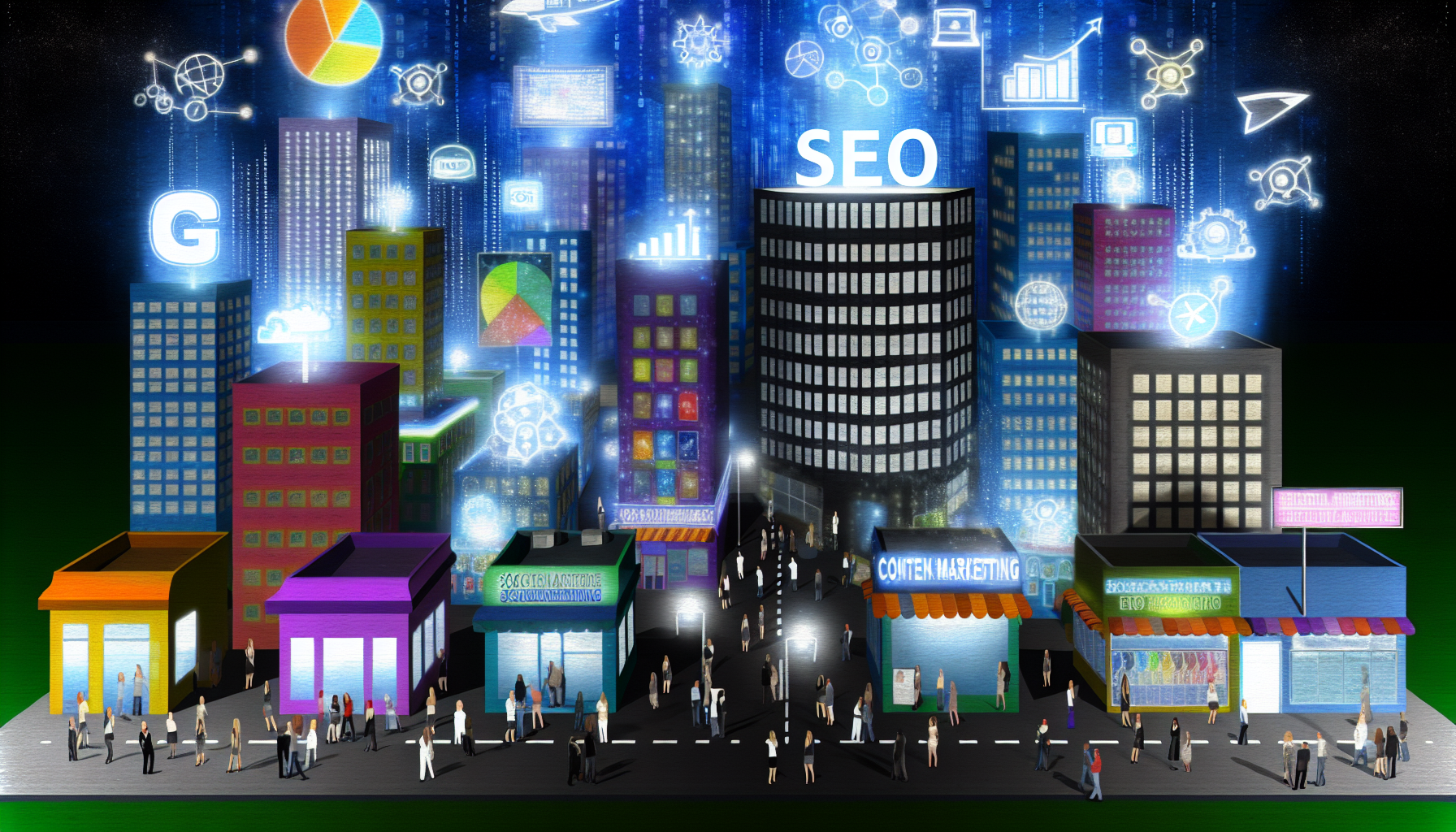 Stellen Sie sich eine pulsierende digitale Landschaft vor, in der Websites, Apps und soziale Medien als virtuelle Gebäude dargestellt werden. Hinter jeder Struktur erleuchtet das Glühen verschiedener digitaler Marketingstrategien die Leinwand wie Neonlichter. In einer Ecke pulsiert SEO als hoch aufragender Wolkenkratzer im Rhythmus der Algorithmen. In der Nähe gedeiht eine Content-Marketing-Bibliothek mit ständig wachsenden Büchern von Blogbeiträgen, Artikeln und Infografiken. Die E-Commerce-Allee ist gefüllt mit virtuellen Geschäften, die Anzeigen und Werbebanner präsentieren. Besucher verschiedener Herkunft und Geschlechter interagieren und repräsentieren digitale Nutzer, die sich mit diesen Online-Marketing-Tools beschäftigen.