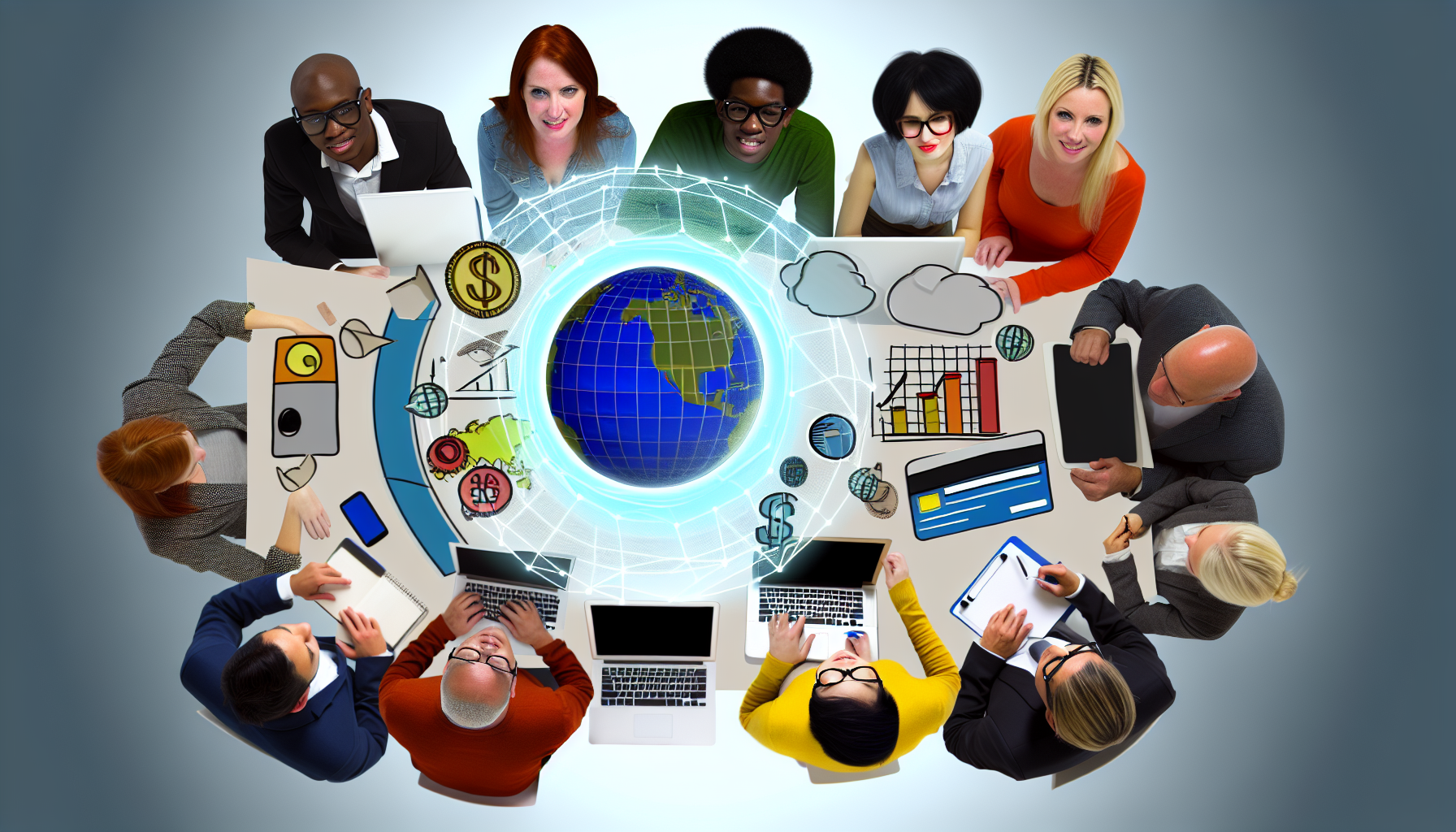 Eine bildliche Darstellung, die das Konzept des Geldverdienens im Internet symbolisiert. Abgebildet sind verschiedene Personen unterschiedlicher Abstammung, wie Asiaten, Schwarze, Weiße und Hispanics, die kreative Ideen an einem virtuellen Tisch brainstormen. Der Tisch könnte mit Elementen gefüllt sein, die mit E-Commerce assoziiert werden, wie Laptops, Kreditkarten und Grafiken, die Online-Verkäufe darstellen. Im Hintergrund könnte eine digitale Weltkugel dargestellt werden, die den internationalen Handel symbolisiert.