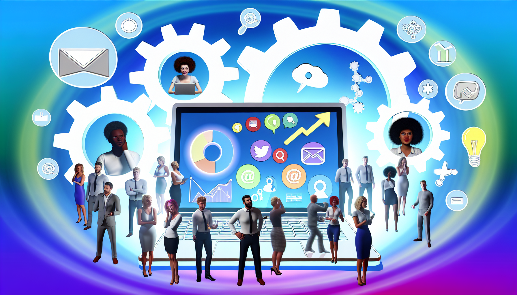 Eine Illustration, die das Konzept des Online-Marketings zusammenfasst. In der Mitte befindet sich ein Laptop, der prominent dargestellt ist, umgeben von verschiedenen Symbolen, die E-Mail-Marketing, Social-Media-Promotion, Suchmaschinenoptimierung und Web-Analyse repräsentieren. Im Hintergrund ist ein riesiges, durchscheinendes Zahnrad zu sehen, das die Mechanik der digitalen Strategie symbolisiert. Der Bildschirm des Laptops zeigt ein fesselndes Diagramm mit einem Aufwärtstrend. Mehrere Personen unterschiedlicher Herkunft, darunter Kaukasier, Schwarze, Südasianer und Hispanics, sind in der Szene verteilt. Jede Person trägt Businesskleidung und zeigt unterschiedliche Reaktionen: Aufregung, Konzentration und Freude.