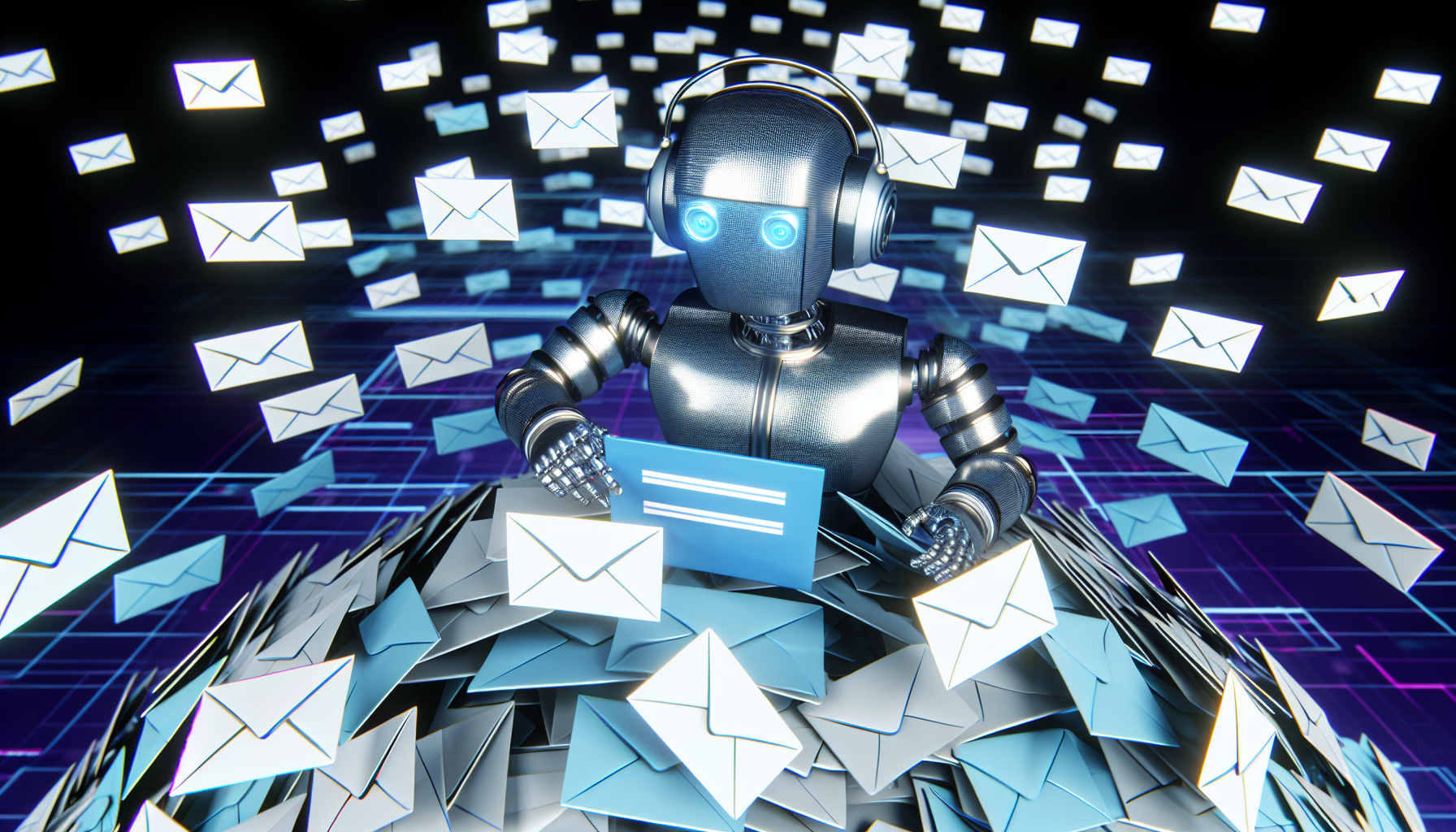 Ein automatisiertes Nachrichtensystem, bekannt als Autoresponder, ist damit beschäftigt, eine Flut von eingehenden E-Mails zu beantworten. Der Autoresponder wird als fleißiger Roboter personifiziert, der sorgfältig durch einen virtuellen Stapel von Briefen in verschiedenen Größen und Farben sortiert. Es handelt sich um eine hochdetaillierte Arbeitsumgebung, die mit schwebenden holografischen Bildschirmen ausgestattet ist, die eingehende Anfragen projizieren, sowie einer virtuellen Checkliste, die vom Roboter verfolgt wird. Das Design des Roboters sollte Effizienz und Professionalität ausstrahlen, mit einem schlanken, metallischen Körper und leuchtend blauen Augen, die sich auf die jeweilige Aufgabe konzentrieren.