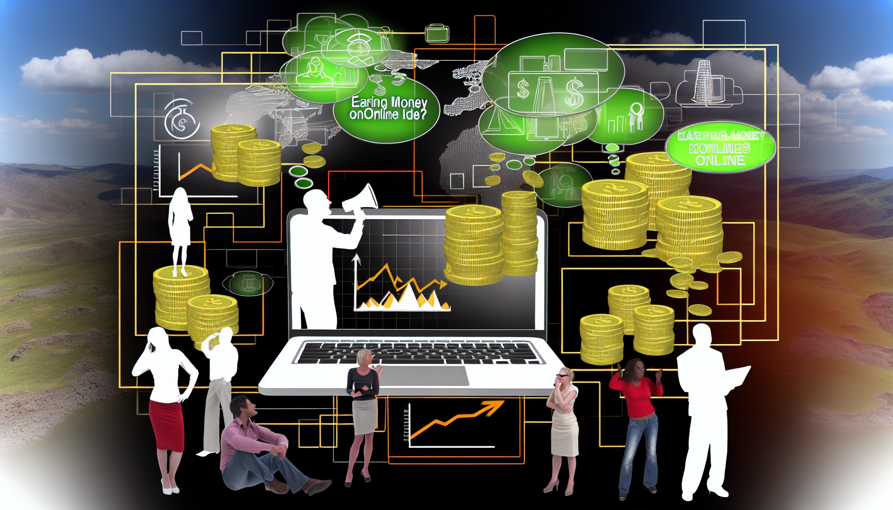 Ein konzeptionelles Bild, das die Idee des "Geldverdienens online" zeigt. Es enthält visuelle Elemente wie einen Laptop, aus dessen Bildschirm Grafiken von Münzen hervorkommen, eine E-Commerce-Website und digitale Marketingstrategien. Menschen unterschiedlicher Herkunft und Geschlechter tauschen diese Ideen aus, möglicherweise durch Gedankenblasen, die diese Konzepte enthalten. Es wird auf eine Online-Community hingewiesen, möglicherweise mit einem Forum oder einem Chatraum auf dem Bildschirm. Bitte beachten: Die Szene sollte informativ und nicht irreführend sein und ethische sowie legale Wege zum Geldverdienen online fördern.