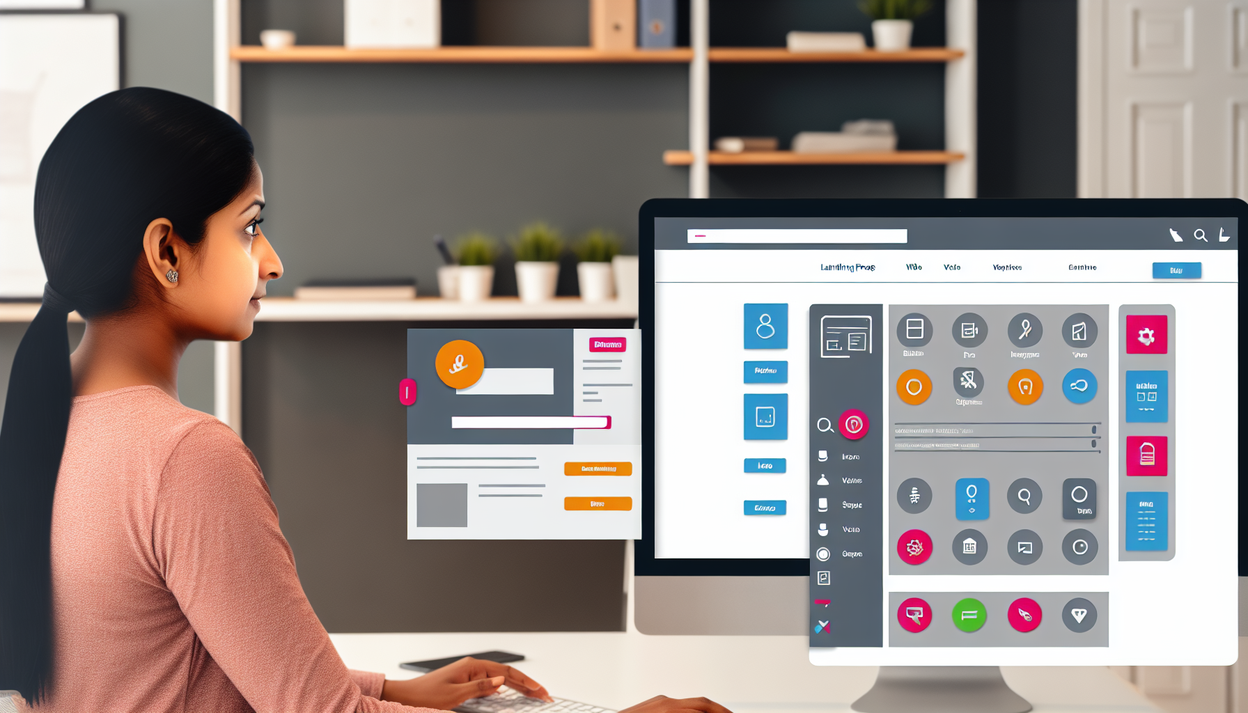 Zeigen Sie ein fantasievolles Design einer Landing Page Builder-Oberfläche. Es sollte ein Komponentenpanel auf der linken Seite enthalten sein, das eine Vielzahl von Werkzeugen für das Webdesign bietet, wie Schaltflächen, Bilder, Formulare, Videos, Textblöcke und Symbole. Der Hauptarbeitsbereich kann eine fast fertige Webseitenschablone anzeigen, die verschiedene Abschnitte wie einen Header mit Navigationsmenü, ein Hero-Bild, einen Inhaltsbereich und einen Footer umfasst. Eine südasianische Frau kann gezeigt werden, wie sie die Oberfläche an ihrem Computer in einem gut beleuchteten Arbeitsbereich nutzt. Alles ist farblich abgestimmt und sieht professionell und durchdacht aus.