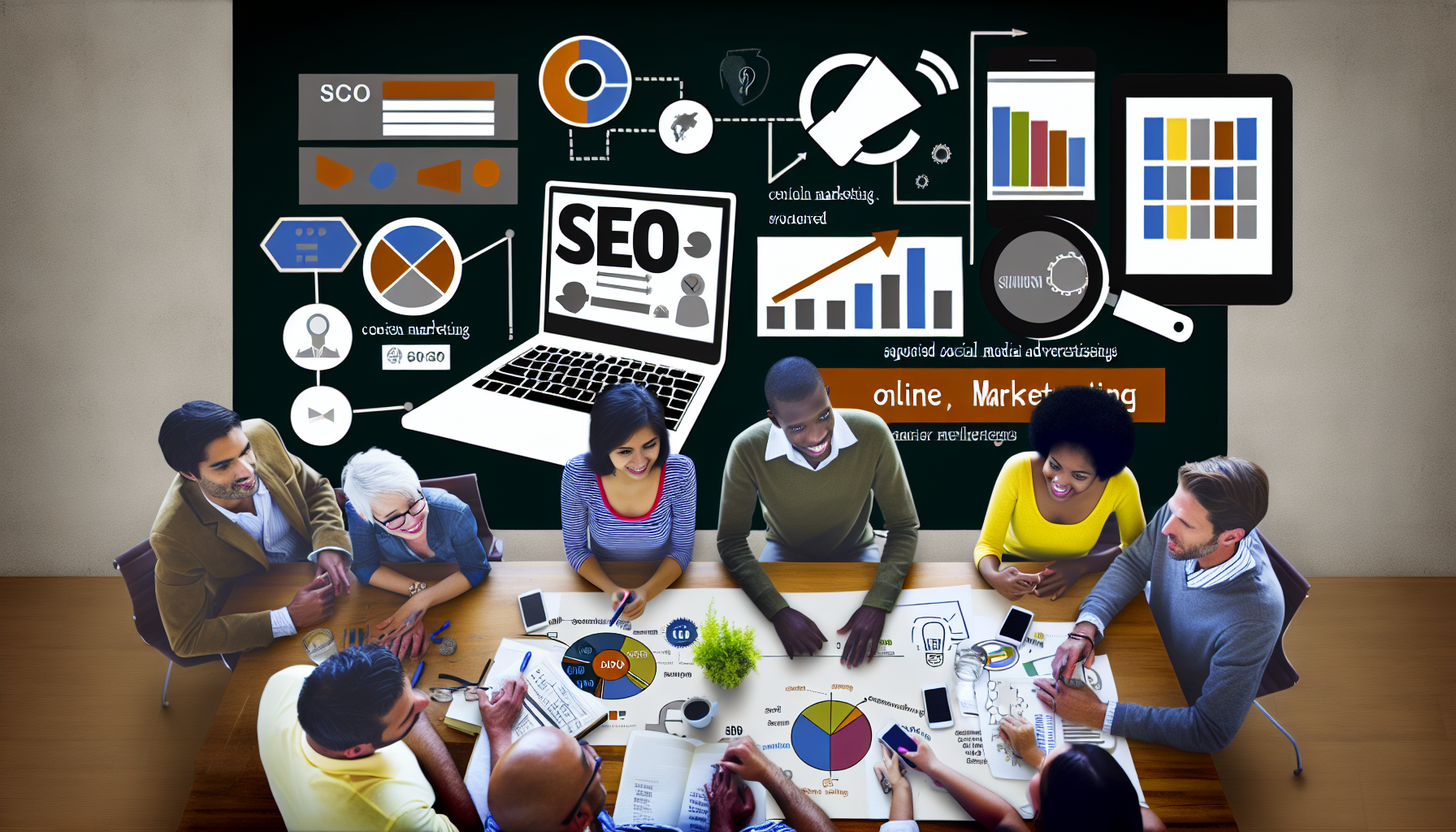 Erstellen Sie ein Bild, das verschiedene Elemente des Online-Marketings zeigt. Es sollte einen Laptop-Bildschirm darstellen, der SEO-Analysen anzeigt, ein Mobiltelefon, das gesponserte Social-Media-Anzeigen zeigt, und eine Gruppe von Personen, die an der Entwicklung von Marketingstrategien arbeiten. Die Gruppe besteht aus Personen unterschiedlicher Abstammung, einschließlich Kaukasiern, Schwarzen und Südasianern, und ist geschlechtermäßig gleich verteilt. Außerdem sollten Infografiken auf dem Tisch verteilt sein, an dem sie sitzen, die verschiedene Aspekte ihrer digitalen Kampagne darstellen, wie E-Mail-Marketing, Content-Erstellung und Kennzahlen zur Kundenbindung.