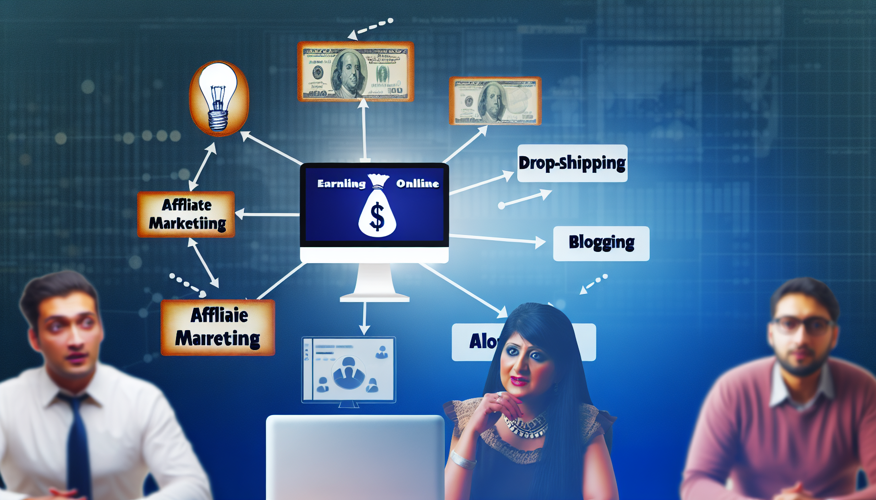 Ein konzeptionelles Bild, das verschiedene Methoden zum Geldverdienen online zeigt. Stellen Sie eine benutzerfreundliche Oberfläche eines Computers dar, mit Webanwendungen, die Affiliate-Marketing, Dropshipping, Blogging und Online-Trading anzeigen. Illustrieren Sie außerdem eine südasianische Frau und einen nahöstlichen Mann, die sich in einem Forum über den Austausch innovativer Ideen zu Online-Geschäftsmodellen unterhalten.