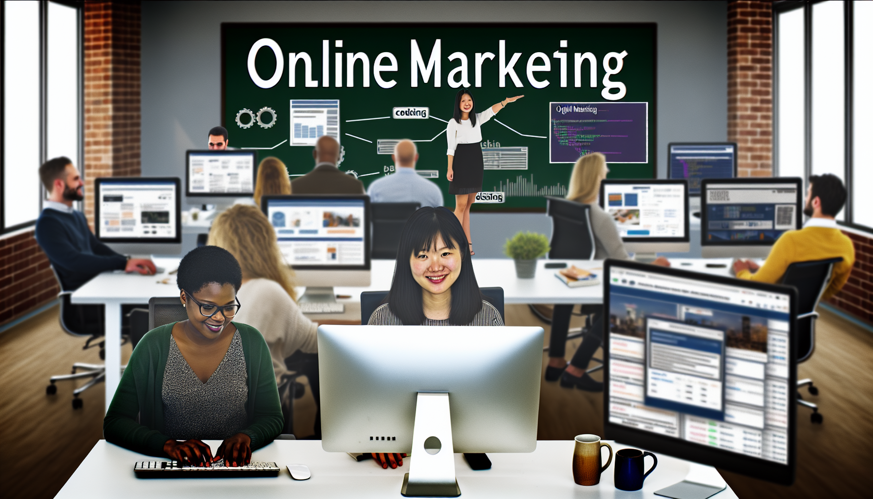 Erstellen Sie ein indikatives Bild, das das Konzept des Online-Marketings darstellt. Die Szene sollte eine Büroumgebung zeigen, in der eine Vielfalt von Menschen aktiv an Computern arbeitet. Inklusive einer asiatischen Frau, die einen neuen Marketing-Algorithmus codiert, einem schwarzen Mann, der eine digitale Anzeige gestaltet, und einer Person aus dem Nahen Osten, die Datensätze zur SEO-Leistung analysiert. Das Büro sollte modern sein, gefüllt mit Computern, Whiteboards, die mit Ideen vollgeschrieben sind, und Kaffeetassen, die überall verstreut sind. Die Atmosphäre sollte den Eifer und die Energie eines digitalen Marketingteams bei der Arbeit widerspiegeln.