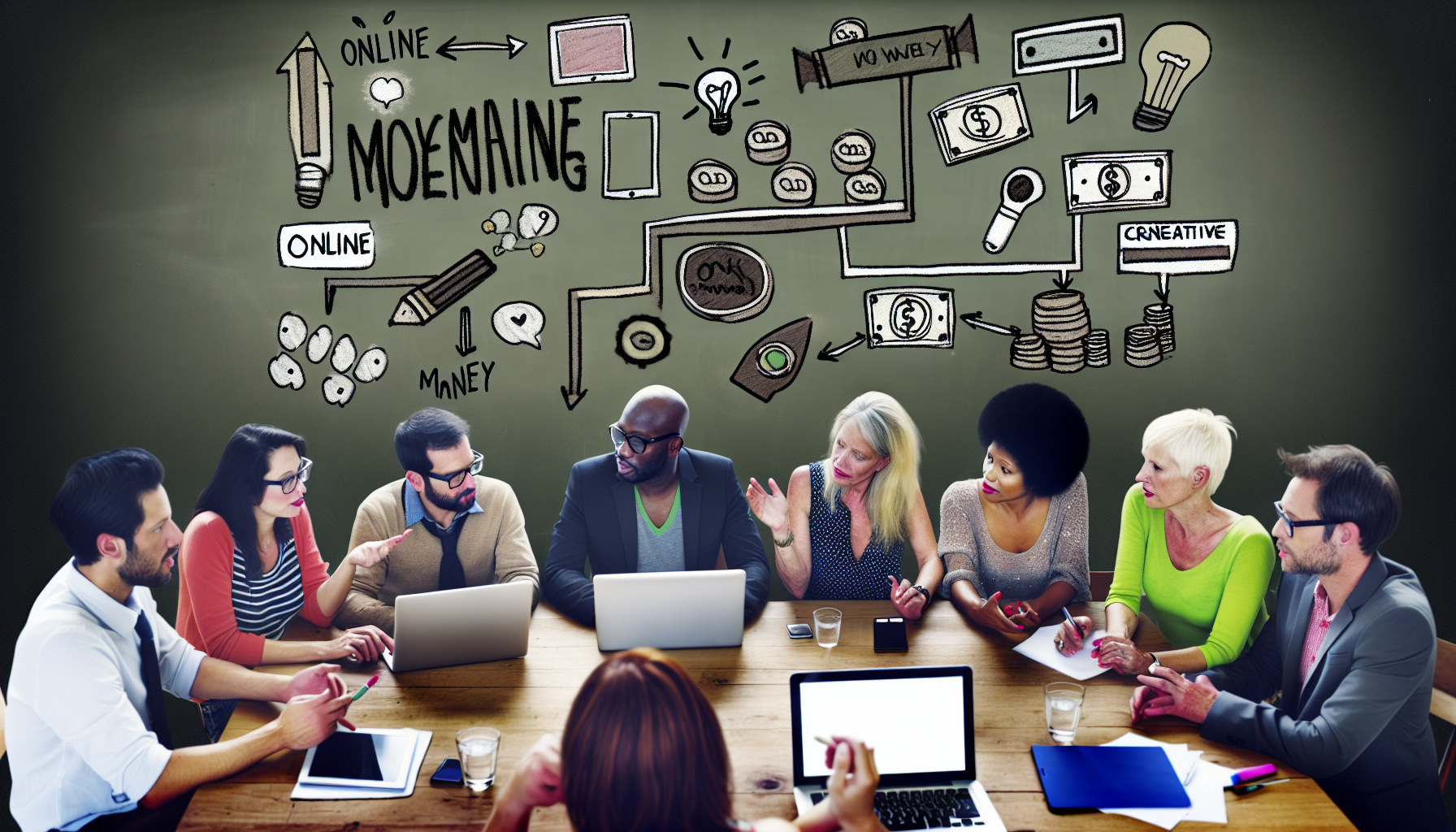 Ein Bild, das eine Gruppe von vielfältigen Personen zeigt, die sich an einem Tisch in eine tiefgehende Diskussion vertiefen. Auf dem Tisch liegen verschiedene Technologien wie Laptops, Tablets und Smartphones verstreut. An der Wand im Hintergrund hängt eine große Tafel, auf der mehrere kreative Ideen für Online-Geldverdienstrategien dargestellt sind. Jede Person bringt unterschiedliche Stärken ein und zeigt einen Geist der Zusammenarbeit und des Wissensaustauschs.