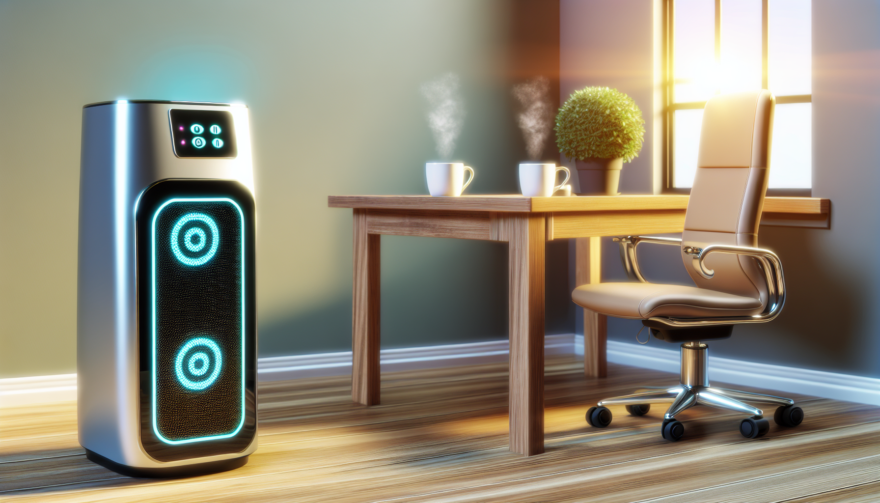 Ein Gerät, das automatisch auf eingehende Nachrichten oder Anrufe antwortet, dargestellt als eine schlanke, moderne Maschine mit blinkenden Lichtern und einem digitalen Bildschirm. Die Umgebung um die Maschine sollte die eines Büros sein, mit einem Holztisch und einem Rollstuhl. Die Wand hinter dem Tisch sollte in einer sanften, beruhigenden Farbe gestrichen sein. In der Ecke ist eine Topfpflanze zu sehen. Außerdem sollte auf dem Tisch, neben der Maschine, eine Kaffeetasse stehen, aus der Dampf aufsteigt. Das Sonnenlicht strömt durch das Fenster und wirft einen warmen Schein über die Szene.