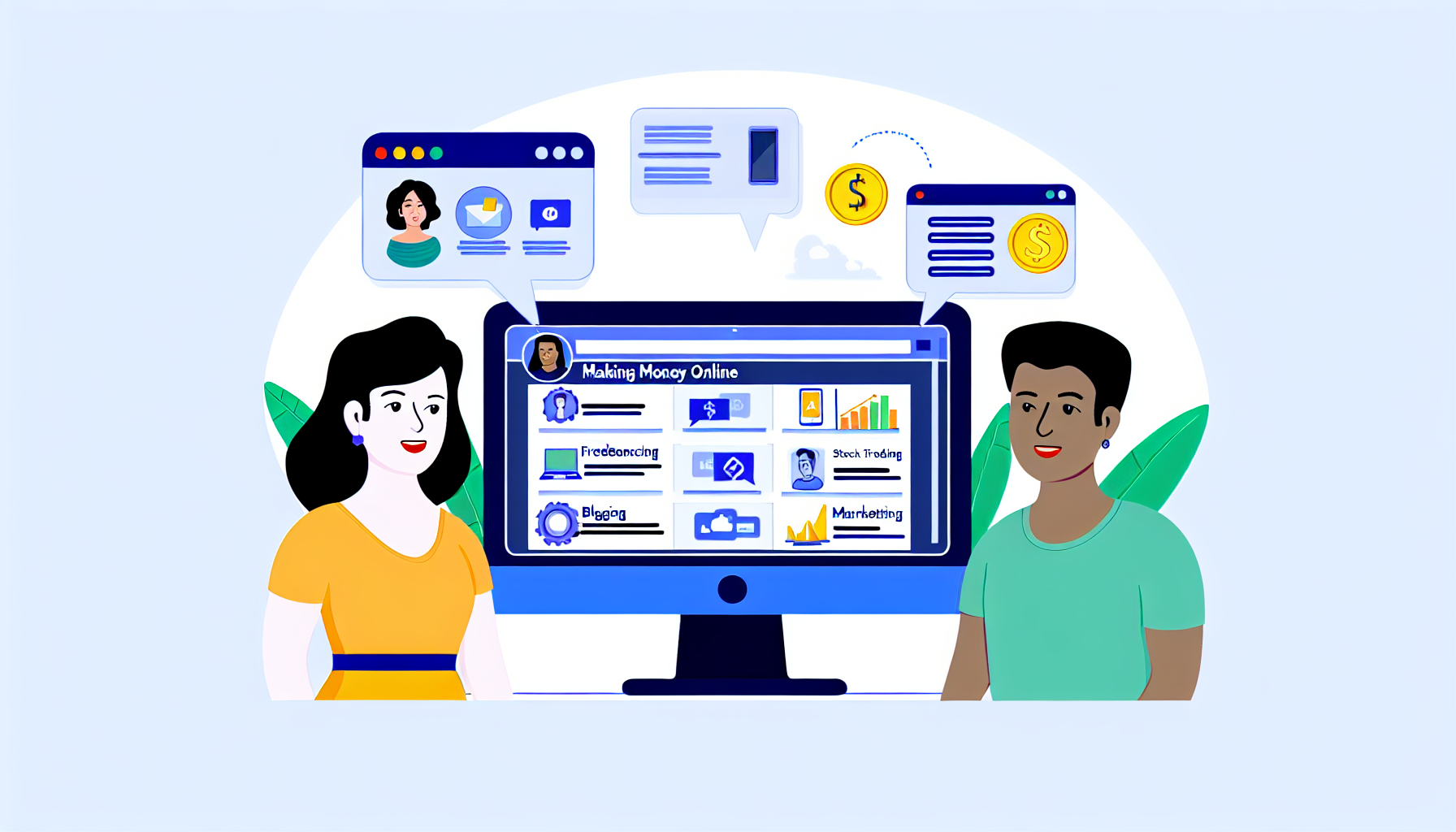 Stellen Sie sich ein Konzept vor, um online Geld zu verdienen. Visualisieren Sie einen Desktop-Computer mit verschiedenen Symbolen, die unterschiedliche Möglichkeiten zur Einkommensgenerierung darstellen, wie Freiberuflichkeit, Blogging, Aktienhandel und digitales Marketing. Fügen Sie ein offenes Chatfenster auf der Seite hinzu, das den Austausch von Ideen über diese Möglichkeiten symbolisiert. Um kulturelle Vielfalt zu zeigen, stellen Sie zwei Personen dar, die diese Ideen diskutieren: einen kaukasischen Mann und eine südasiatische Frau.