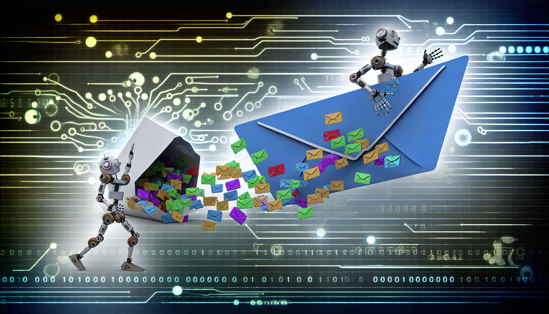 Eine Szene, die ein automatisches Textantwortsystem zeigt, symbolisiert durch einen digitalen Umschlag, der sich öffnet und eine Flut von Nachrichten freisetzt. Jede Nachricht ist mit robotischen Merkmalen verziert, um die automatisierte Natur des Antwortgebers zu betonen. Der Hintergrund besteht aus fortschrittlicher Technologie wie Computerchips und Glasfaserkabeln, was die Verflechtung von Technologie und täglicher Kommunikation andeutet.