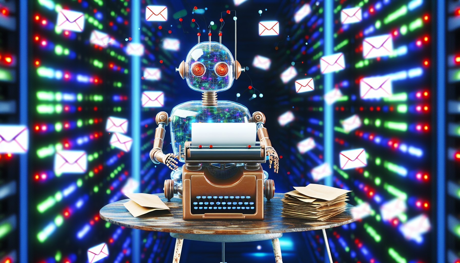 Ein automatisiertes Nachrichtenantwortsystem, das häufig in E-Mail-Diensten oder Kundenservice-Plattformen verwendet wird. Es hat die Form einer kleinen robotischen Maschine, die hinter einem antiquierten Schreibtisch sitzt und mit einer Flut von holografischen Nachrichten beschäftigt ist, die um sie herum aufpoppen. Es tippt schnell auf einer Vintage-Schreibmaschine, mit einem Ausdruck entschlossener Konzentration auf seinem künstlich intelligenten Gesicht. Der Stil ist futuristisch mit einer Mischung aus traditionellen antiken Elementen, und die Umgebung befindet sich in einem digitalen Serverraum, der mit bunten Kabeln und leuchtenden Server-Racks gefüllt ist.