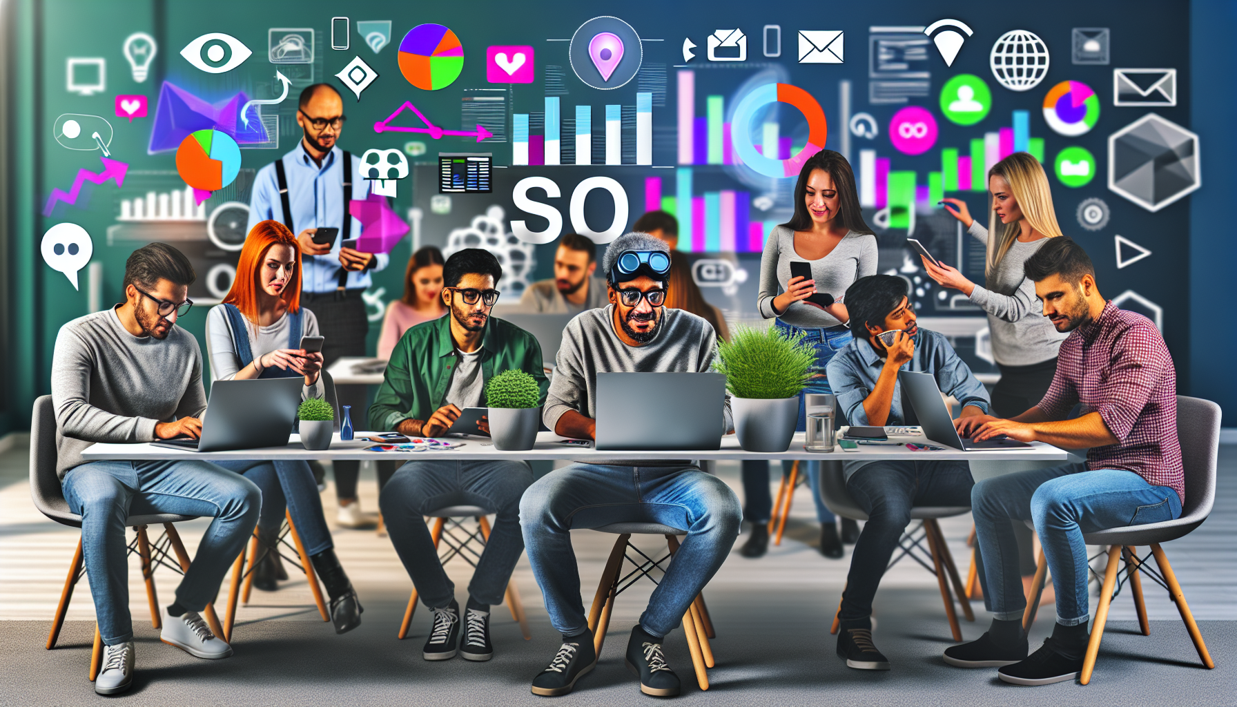 Eine dynamische Szene, die das Konzept des Online-Marketings darstellt. Zeigen Sie eine vielfältige Gruppe von Personen, die sich mit Online-Aktivitäten beschäftigen. Dazu gehört ein kaukasischer Mann, der an einem Laptop tippt, eine hispanische Frau, die auf einem Smartphone scrollt, ein schwarzer Mann, der Daten auf einem Tablet betrachtet, eine mittelöstliche Frau, die Trends an einem Dual-Monitor-Setup analysiert, und ein südasiatischer Mann, der mit einem Virtual-Reality-Headset interagiert. Alle sitzen in einem modernen, digital ausgestatteten Büro mit dem Hintergrund verschiedener Balken- und Tortendiagramme, SEO-Symbolen, Logos von sozialen Medien, E-Mail-Symbolen und E-Commerce-Elementen. Der Raum ist von einer lebhaften Atmosphäre geprägt, mit trendigen Möbeln und grünen Zimmerpflanzen.