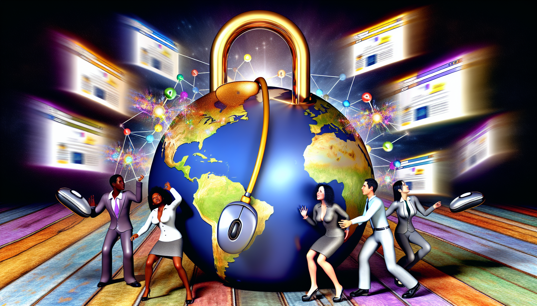 Ein lebendiges, detailliertes konzeptionelles Bild, das Online-Marketing darstellt. Die Szene zeigt eine kabelgebundene Maus, die sich in einen digitalen Schlüssel verwandelt, der ein riesiges, goldenes Vorhängeschloss öffnet. Das Vorhängeschloss ist so gestaltet, dass es einem Erdball ähnelt, mit Internetknoten, die verschiedene Kontinente verbinden. Eine Gruppe von vielfältigen Menschen, bestehend aus einer schwarzen Frau, einem hispanischen Mann, einem kaukasischen Mann, einer südasiatischen Frau und einem nahöstlichen Mann, manipuliert diese Maus. Sie sind alle in Businesskleidung gekleidet und strahlen fokussierte, professionelle Energie aus. Mehrere Webbrowser-Seiten, gefüllt mit einer Vielzahl von bunten, summenden Anzeigen und SEO-Texten, schweben um sie herum und zeigen die digitale Arena, in der sie tätig sind.