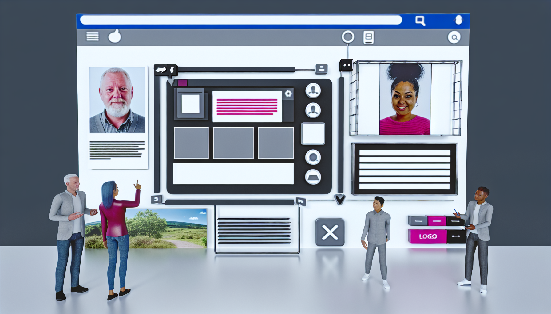 Eine interaktive digitale Umgebung, die einen Landing-Page-Builder darstellt. Die Szene umfasst einen großen Computerbildschirm, der ein halbvollendetes Website-Layout zeigt, mit mehreren Blöcken für Text, Bilder und multimediale Inhalte. Ein Seitenpanel ist mit Drag-and-Drop-Icons gefüllt, darunter ein Textfeld, Schaltflächen, ein Logo und Widgets für soziale Medien. Ein mittelalterlicher kaukasischer Mann, eine junge schwarze Frau, eine südasiatische Frau und ein hispanischer Mann sind zu sehen, wie sie an verschiedenen Aspekten des Seitendesigns arbeiten, was die kollaborative Natur der Builder-Plattform hervorhebt.