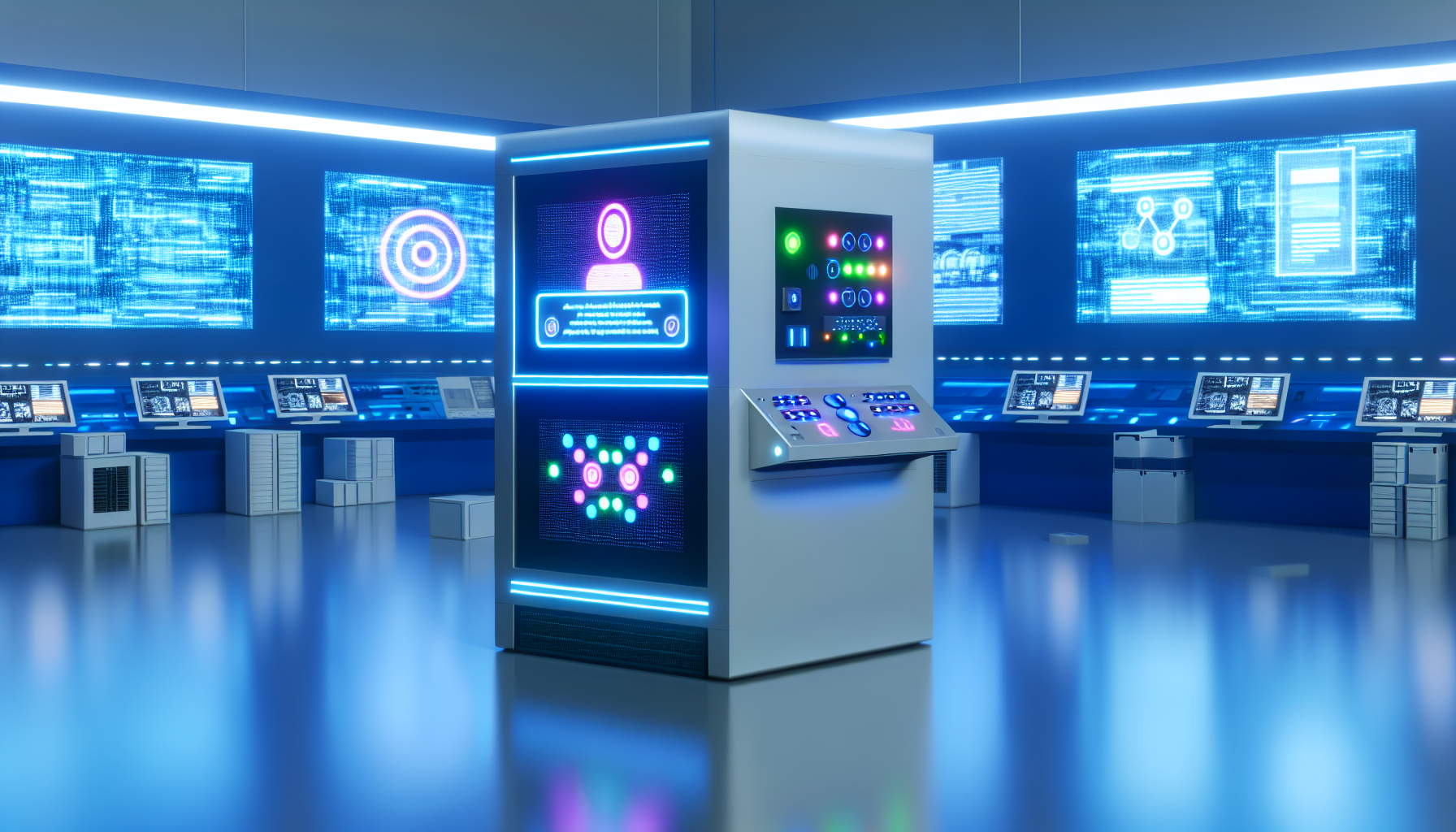 Stellen Sie sich ein Bild einer automatisierten Maschine vor, die auf Eingaben reagiert und sich in einer hochmodernen Umgebung befindet. Die Maschine sollte schlank und futuristisch sein, mit hell beleuchteten Tasten und Bildschirmen. Auf den Bildschirmen sollten Grafiken angezeigt werden, die den Kommunikationsprozess, interaktive Grafiken und laufende KI-Algorithmen darstellen. Um die Maschine herum sollten sichtbare Anzeichen moderner Technologie vorhanden sein, wie Computer, Datenserver und fortschrittliche Geräte. Die Atmosphäre sollte leicht bläulich getönt sein, um die hochmoderne Natur des Settings zu betonen.
