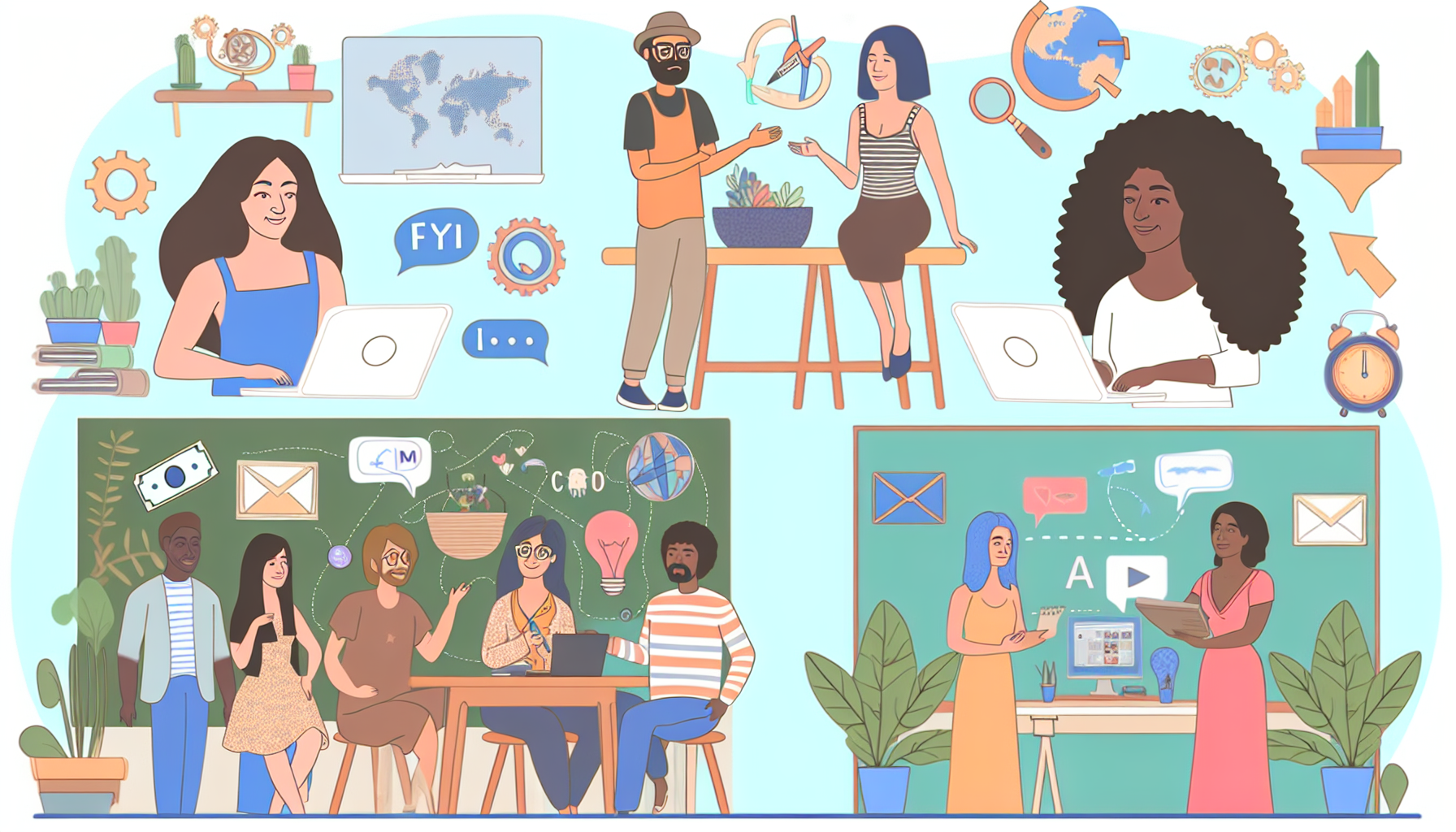 Eine Illustration, die verschiedene kreative Möglichkeiten zeigt, online Geld zu verdienen. Stellen Sie sich eine Versammlung von vielfältigen Personen vor: eine kaukasische Frau und ein schwarzer Mann, die an einem Laptop diskutieren, eine mittelöstliche Frau, die handgefertigte Kunstwerke auf einer E-Commerce-Plattform verkauft, und ein hispanischer Mann, der einen Online-Kurs unterrichtet. Fügen Sie auch Elemente hinzu, die Crowdfunding, Affiliate-Marketing und digitale Freiberuflichkeit repräsentieren. Verwenden Sie eine Umgebung, die wie ein entspanntes Co-Working-Space aussieht, mit Dekorationen, die Kreativität und Produktivität inspirieren. Stellen Sie sicher, dass die globale Natur des Internets durch Symbole oder Karten dargestellt wird.