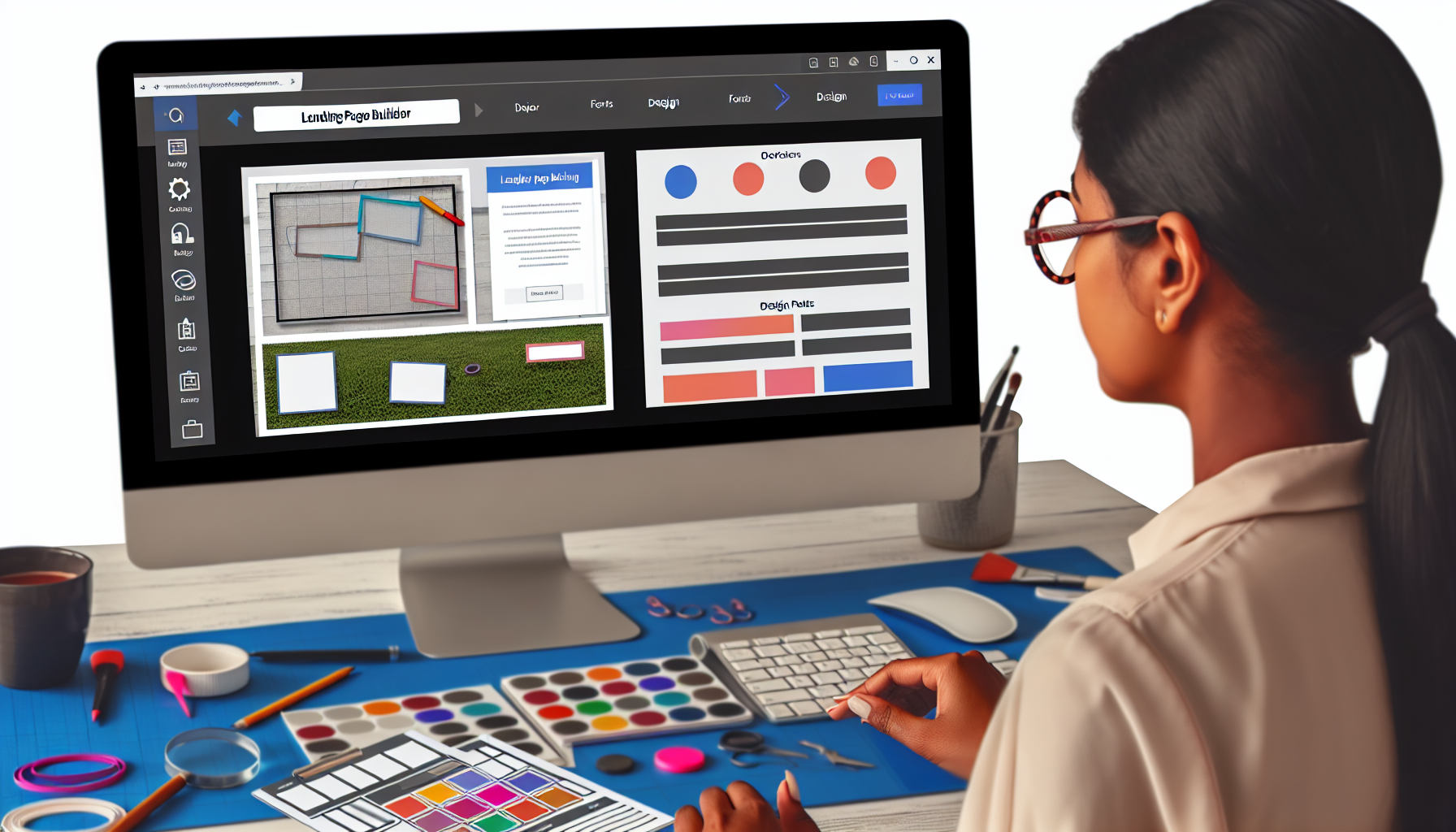 Ein Bild, das einen Landing Page Builder darstellt. Zeigen Sie das Konzept, indem Sie einen Computerbildschirm darstellen, der eine Webseite in Arbeit anzeigt, umgeben von einer Vielzahl von Werkzeugen. Fügen Sie Elemente wie ziehbare Text- oder Bildblöcke, Designpaletten, Optionen für verschiedene Schriftarten und andere typische Funktionen eines Webdesign-Tools hinzu. In der Nähe befindet sich eine Frau südasiatischer Abstammung mit Brille, die sorgfältig Elemente auf dem Bildschirm anordnet.