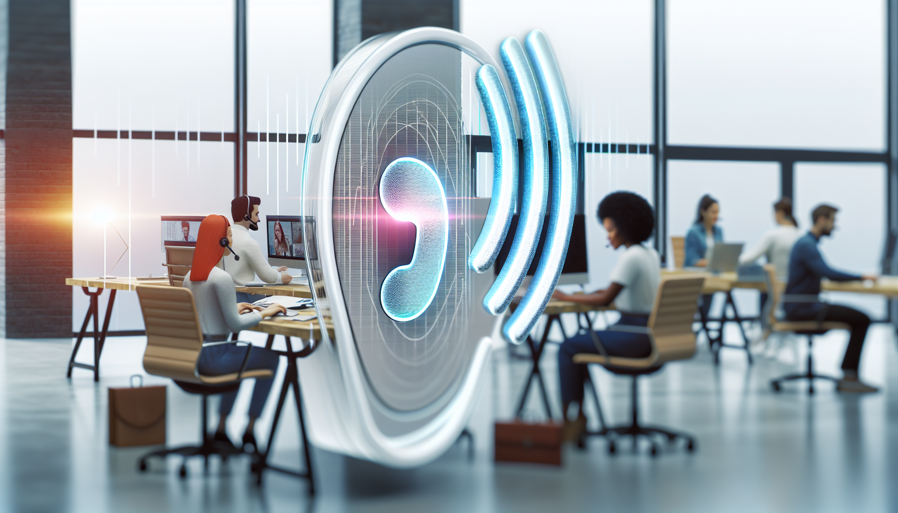 Ein automatisches Sprachantwortsystem, das Telefonanrufe und Nachrichten beantwortet. Eine physische Darstellung eines Autoresponders mit Schallwellen, die von ihm ausgehen und seine Sprachfunktion signalisieren. Die Szenerie ist ein modernes, geschäftiges Büro. Es sind mehrere Personen mit unterschiedlichen Aufgaben zu sehen: Eine rothaarige kaukasische Frau tippt an ihrem Computer, ein schwarzer Mann führt ein Meeting über einen Videoanruf, und eine südasiatische Frau betrachtet Dokumente. Alle sind in ihre Arbeit vertieft, was eine produktive Umgebung widerspiegelt. Die allgemeine Stimmung ist fokussiert und effizient, mit sanftem Licht, das durch große Fenster strömt.