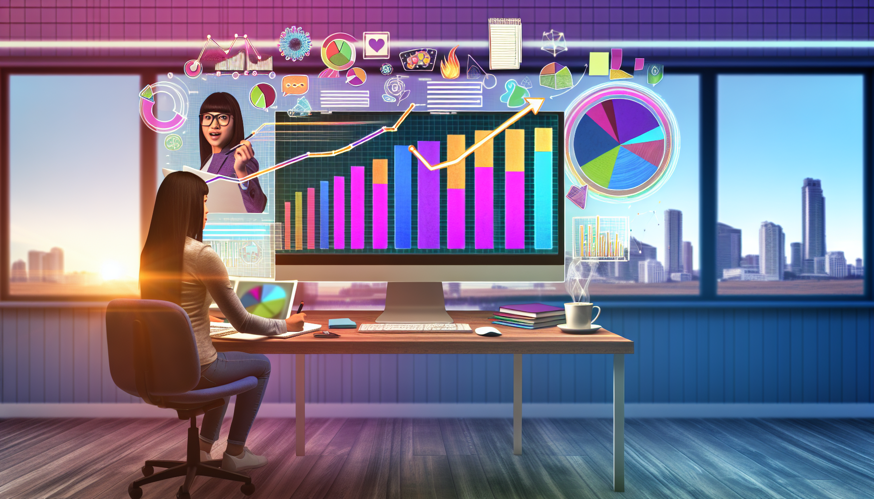 Eine detaillierte und lebendige Darstellung eines Online-Marketing-Konzepts. In der Mitte des Bildes befindet sich ein großer Desktop-Computerbildschirm, der ein buntes Balkendiagramm zeigt, das einen Aufwärtstrend in den Kennzahlen anzeigt. Rund um den Bildschirm liegen ein digitaler Stift, ein Notizbuch voller Ideen und eine dampfende Tasse Kaffee auf dem Schreibtisch. Im Raum studiert eine junge hispanische Marketingfachfrau aufmerksam die Daten. An den Wänden hängen Infografiken und Haftnotizen, und das Zimmer hat ein Fenster, das eine Stadtlandschaft bei Sonnenaufgang zeigt, was den Beginn eines geschäftigen Tages in der Welt des Online-Marketings symbolisiert.