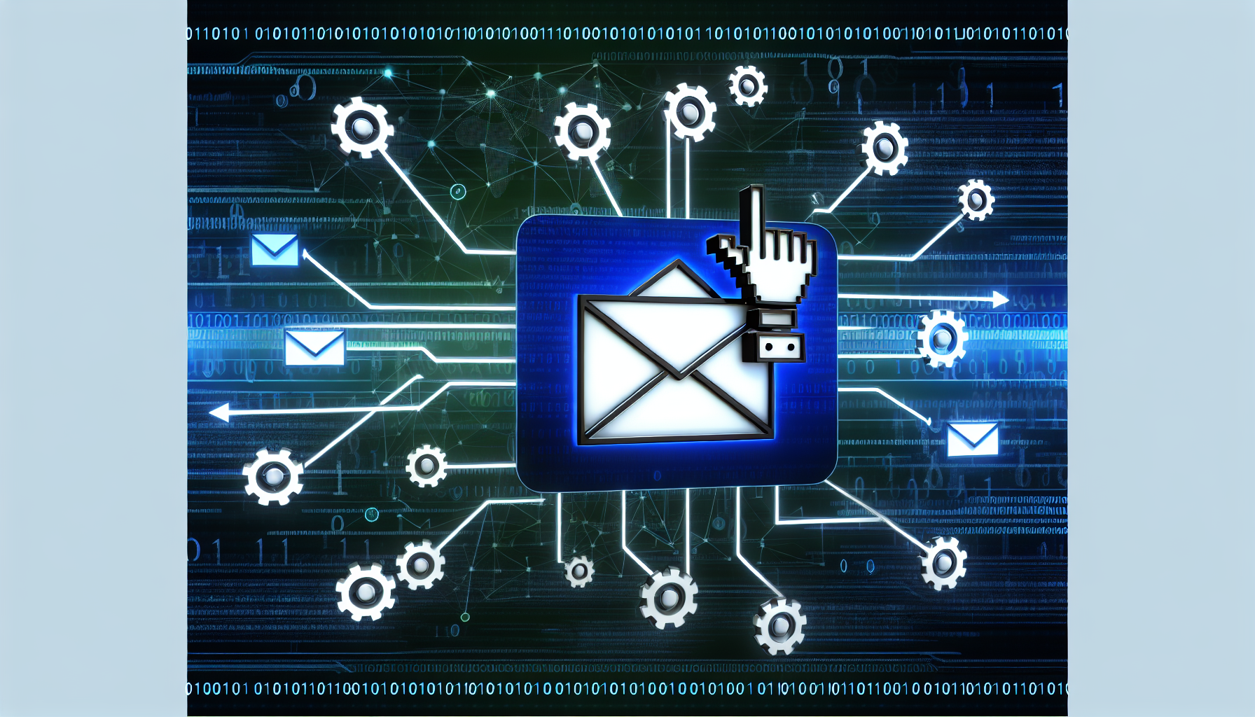 Ein automatisiertes Antwortsystem, auch bekannt als Autoresponder. Diese konzeptionelle Darstellung sollte ein Netzwerk von miteinander verbundenen Computern zeigen, das das Internet symbolisiert. In der Mitte sollte ein Symbol dargestellt werden, das den Autoresponder repräsentiert, vielleicht eine robotische Hand, die auf E-Mails antwortet, oder ein Briefsymbol mit automatisierten Zahnrädern, die es umgeben. Um das Konzept der Kommunikation zu verdeutlichen, sollten Darstellungen von ausgehenden und eingehenden Pfeilen von verschiedenen Punkten dieses Netzwerks zum Autoresponder vorhanden sein. Verwenden Sie einen techno-futuristischen Stil mit Neonfarben und subtil im Hintergrund angezeigten Binärcodes.