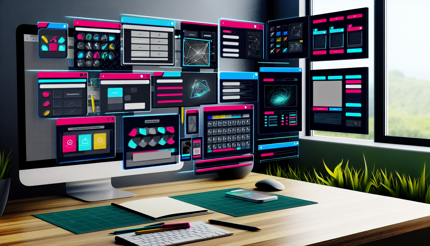Stellen Sie sich einen dynamischen digitalen Arbeitsplatz vor, der mit verschiedenen Werkzeugen gefüllt ist, die dazu dienen, eine effiziente und ansprechende Landing Page zu erstellen. Im Vordergrund befindet sich ein Dashboard mit einer intuitiven Benutzeroberfläche, das eine Sammlung von Drag-and-Drop-Modulen für verschiedene Elemente wie Textfelder, Multimedia-Einfügungen und Kontaktformulare zeigt. An der Seite gibt es eine Reihe von Designoptionen für Typografie, Farbschemata und Vorlagen. An einem anderen Teil des Bildschirms wird die Landing Page in Echtzeit visualisiert, wobei jede Anpassung in lebendigen Details widergespiegelt wird. Die gesamte Umgebung ist darauf ausgelegt, Kreativität und Produktivität zu inspirieren.