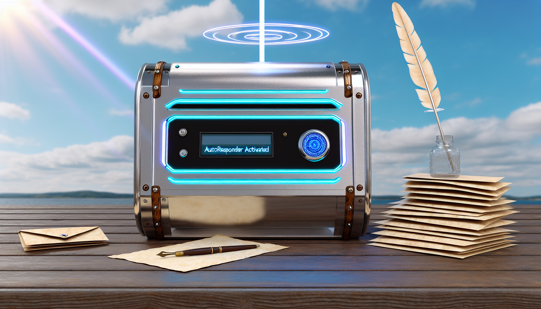 Erzeuge ein Bild einer automatischen Antwortmaschine. Die Maschine hat ein modernes Design mit glänzenden Metalloberflächen und neonblauen Lichtern. Sie befindet sich in einer mittäglichen Außenszene, auf einem Holztisch. Neben der Maschine liegt eine antike Feder und ein Stapel umschlossener Briefe, die die altmodische Art der Korrespondenz repräsentieren. Das Gerät, das unter einem klaren Himmel platziert ist, sendet Signale in die Atmosphäre. Auf der Maschine befindet sich ein kleiner digitaler Bildschirm, der 'Autoresponder Aktiviert' anzeigt.