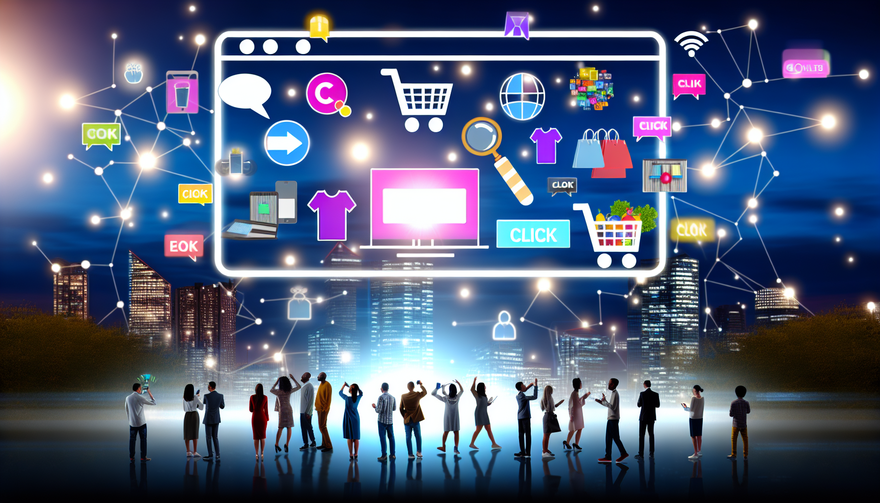 Illustration des Konzepts des Online-Marketings. Stellen Sie sich eine Szene vor, in der ein großes digitales Plakat, das eine Website repräsentiert, inmitten eines pulsierenden Stadtgebiets bei Dämmerung hoch aufragt. Verschiedene Online-Icons wie Klick-Buttons, Suchleisten und Einkaufswagen sind auf der 'Website' verstreut. Eine Gruppe ethnisch vielfältiger Menschen unterschiedlichen Geschlechts interagiert mit diesen Icons – sie klicken, untersuchen und ziehen Artikel in ihre Einkaufswagen. Sie sind von Lichtstrahlen umgeben, die Internetverbindungen symbolisieren. Digitale Waren wie E-Books, Kleidungsstücke und virtuelle Lebensmittel schweben umher.