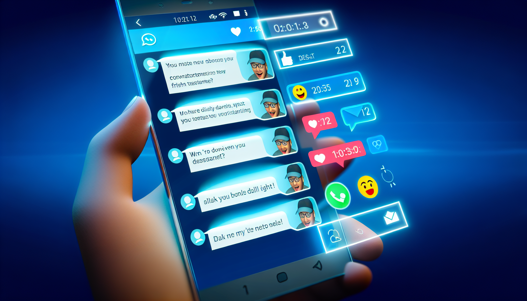 Erstellen Sie ein Bild, das eine realistische Darstellung eines digitalen Nachrichtensystems einfängt, das eine Vielzahl frischer Benachrichtigungen zeigt. Heben Sie ein paar geöffnete Textkonversationen mit humorvollem Geplänkel hervor. Stellen Sie sicher, dass einige Emoticons und Zeitstempel angezeigt werden, die auf nächtliche Chats hinweisen. Der Hintergrund sollte eine moderne, schlanke Benutzeroberfläche in einem kühlen, blauen Farbverlauf sein. Zusätzlich sollten die Batterie- und Netzwerksignalstärke sowie die Uhrzeit oben in der Benutzeroberfläche dargestellt werden.
