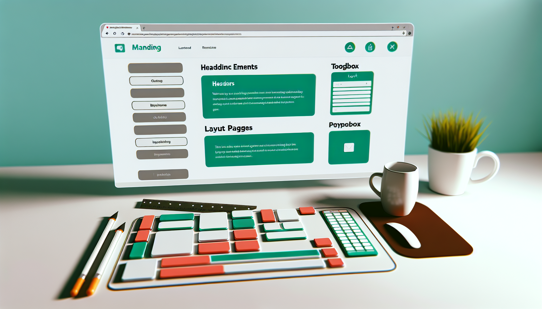 Stellen Sie sich eine digitale Benutzeroberfläche zum Erstellen von Landing Pages vor. Diese Toolbox umfasst verschiedene grafische und textliche Elemente wie Überschriften, Unterüberschriften, Textabsätze, Bilder, Schaltflächen und Formularfelder. Das Layout-Raster ist im Drag-and-Drop-Stil gestaltet, sodass Benutzer die Elemente auf der Seite einfach neu anordnen können. Für einen Hauch von Personalisierung bietet die Benutzeroberfläche eine Auswahl an Farbpaletten und Typografiestilen. An der Seite spiegelt ein Vorschaufenster dynamisch die Änderungen wider, die im Layout-Raster vorgenommen werden. All dies ist in einem hellen Browserfenster auf einem minimalistischen Schreibtisch-Setup mit einer Maus, einer Tastatur und einer Kaffeetasse angeordnet.