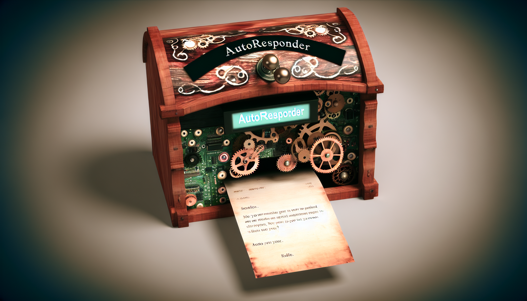 Ein automatisches Nachrichtenantwortsystem, allgemein bekannt als 'Autoresponder', das in einen altmodischen Holzbriefkasten integriert ist. Das System ist empfindungsfähig und wird dabei gesehen, wie es mit einem kleinen, quittungsähnlichen Ausdruck antwortet, der eine herzliche Antwort auf einen handgeschriebenen Brief enthält, den es gerade erhalten hat. Der Autoresponder wird als eine Mischung aus traditionellen und modernen Kommunikationstechnologien vorgestellt, was ihm eine Steampunk-Ästhetik verleiht. Stellen Sie sich Details wie Zahnräder, Rädchen, winzige Glühbirnen und elegantes Holzdesign vor, die mit digitalen Displays und gedruckten Schaltkreisen verschmelzen, um eine faszinierende und lebendige Darstellung zu schaffen.