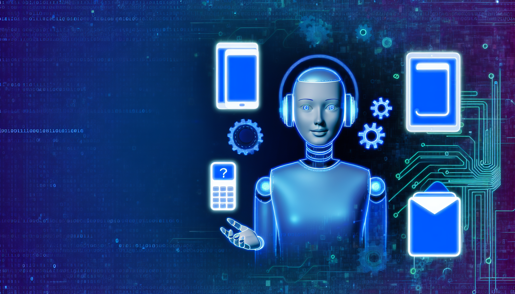 Ein virtueller Assistent, der automatisch E-Mails und Textnachrichten beantwortet, mit verschiedenen Grafiken von GerÃ¤ten wie Smartphones, Tablets und Computern. Der Assistent sollte als digitaler Avatar mit einem neutralen Aussehen dargestellt werden, der auf neonblauen FarbtÃ¶nen basiert. BinÃ¤rcodes, ZahnrÃ¤der und Schaltkreislinien sollten um ihn herum schweben, um seine digitale Natur zu symbolisieren. Lassen Sie uns sicherstellen, dass die Darstellung in Bezug auf Rasse ausgewogen ist, und es sollte einen geschlechtsneutralen asiatischen digitalen Avatar geben.