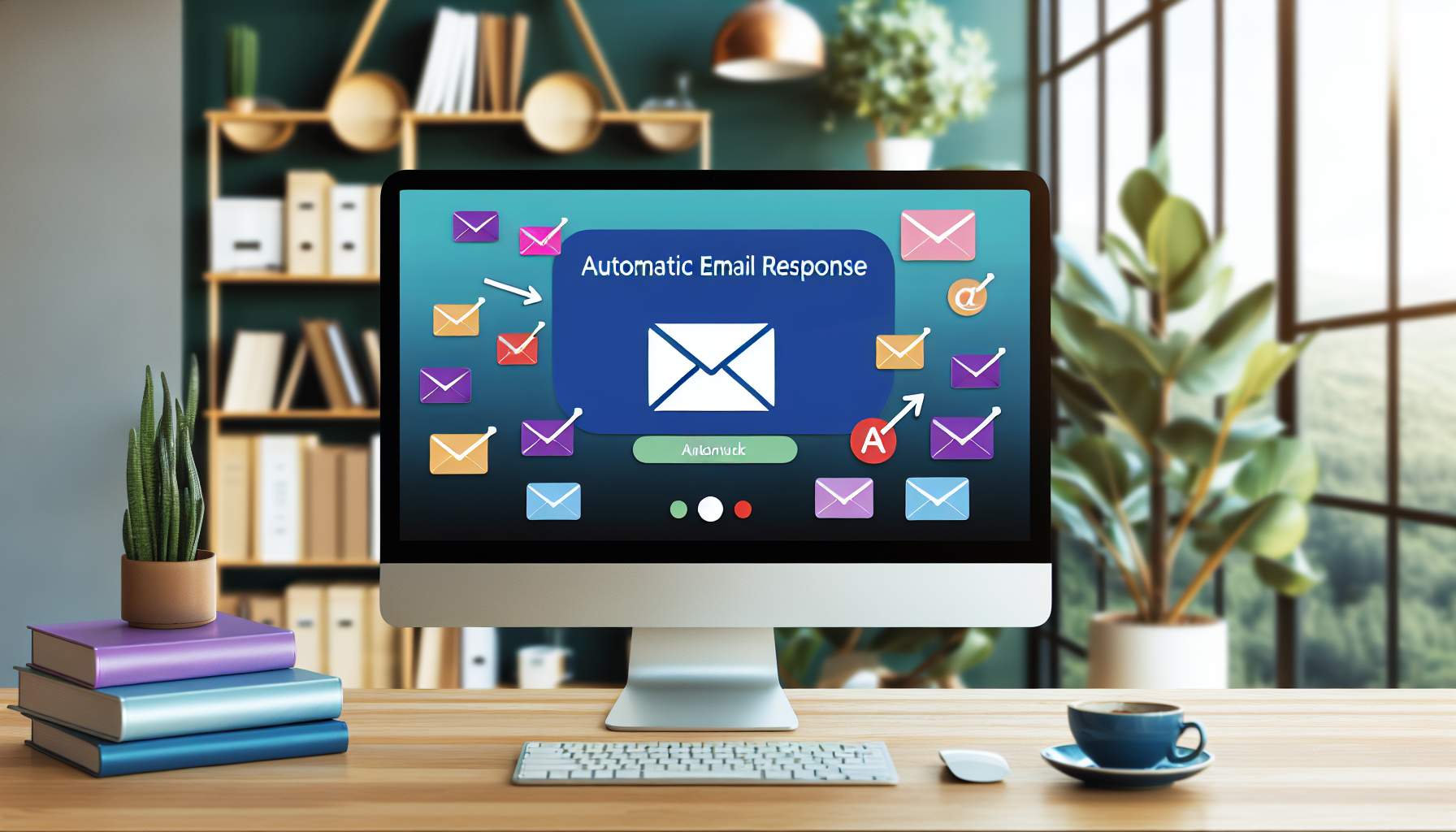 Stellen Sie sich ein Bild eines automatischen E-Mail-Antwortsystems vor. Es zeigt einen bunten Bildschirm auf einem modernen Computer in einem gut organisierten Büro. Der Bildschirm des Computers zeigt eine lebendige und ansprechende grafische Benutzeroberfläche mit mehreren E-Mail-Icons, Umschlagbildern und Feedback-Symbolen. Der Hintergrund zeigt einen ruhigen und inspirierenden Arbeitsplatz mit Pflanzen, einer Kaffeetasse und Bücherstapeln.