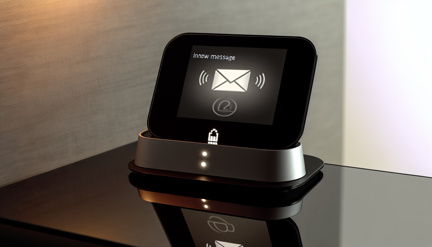 Ein automatisiertes Nachrichtensystem mit einem eleganten, futuristischen Design. Der Bildschirm zeigt ein eingehendes Nachrichtenumschlag-Symbol und ein Warnsymbol, das auf eine neue Nachricht hinweist. Das Gerät steht auf einem schwarzen Glastisch, der sein Bild reflektiert. Hinter dem Gerät befindet sich eine neutrale, sanft beleuchtete Wand. Die schwache Beleuchtung betont die Helligkeit des Bildschirms des Geräts.