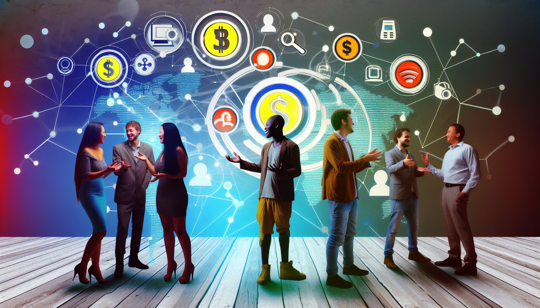Eine dynamische Illustration von Personen unterschiedlicher globaler Abstammung, einschlieÃŸlich schwarzer, asiatischer, kaukasischer und hispanischer Individuen, die sich an einem Austausch von Ideen zum Thema Geldverdienen im Internet beteiligen. In der Szene kÃ¶nnten Symbole fÃ¼r internetbasierte Einkommensgenerierungsmethoden zu sehen sein, wie digitale WÃ¤hrungen, Freelance-JobbÃ¶rsen, Online-Marketing-Diagramme und E-Commerce-Plattformen. Die AtmosphÃ¤re sollte energiegeladen, kollaborativ und positiv sein und das Konzept des Internets als globalen Marktplatz verstÃ¤rken.