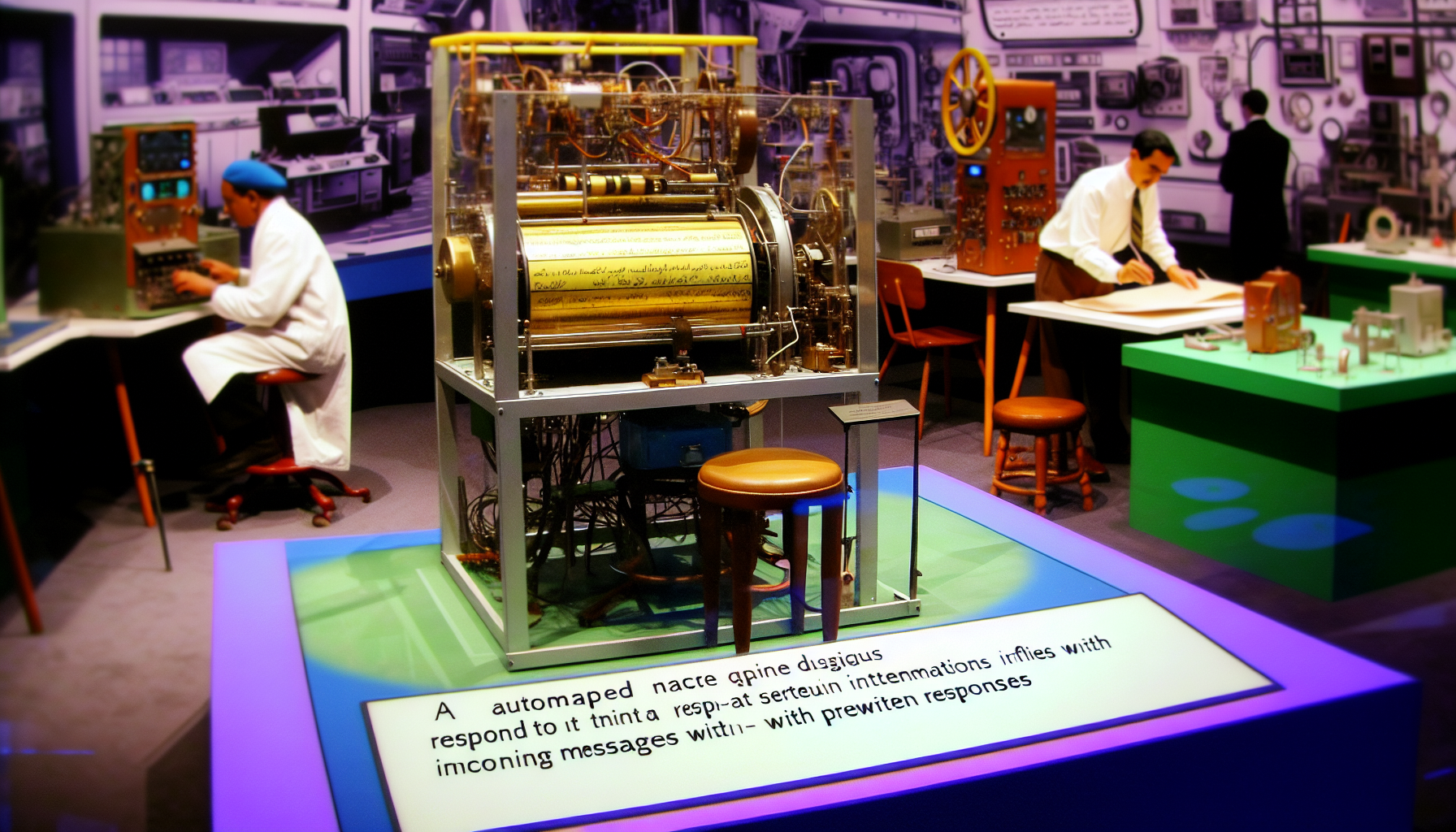 Eine automatisierte Maschine, die darauf ausgelegt ist, in bestimmten Intervallen auf eingehende Nachrichten mit vorgefertigten Antworten zu reagieren. Die Maschine befindet sich in einem geschäftigen Technologielabor, das mit einer Vielzahl anderer Geräte und Maschinen gefüllt ist. Links feilt ein Wissenschaftler aus dem Nahen Osten an einer weiteren Erfindung. Rechts untersucht ein hispanischer Ingenieur einen auf einem Tisch ausgebreiteten Plan. Die Farben sind lebhaft, wobei die matten metallischen Farbtöne der Maschine im Kontrast zu den hellen Farben der Laborausrüstung stehen.