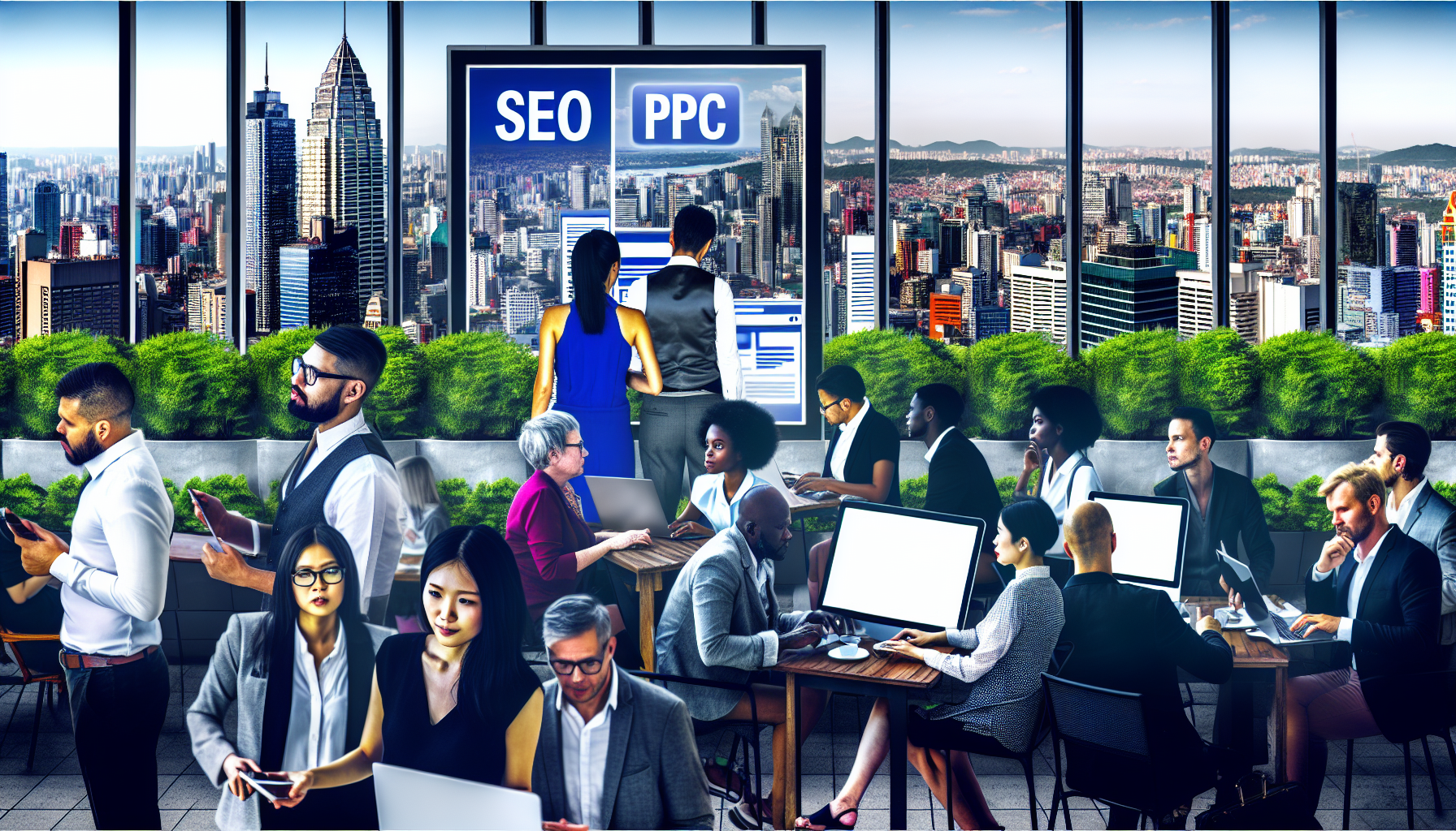Stellen Sie sich eine Stadtlandschaft vor, die von einem Hochhaus aus beobachtet wird, mit einer Skyline, die von verschiedenen Unternehmensgebäuden geprägt ist. Digitale Banner, die SEO- und PPC-Werbung zeigen, sind überall zu sehen, und Menschen unterschiedlicher Herkunft und Geschlechter sitzen in Straßencafés, tippen auf ihren Laptops und führen Geschäftsgespräche. Einige sind beschäftigt mit modernen Geräten, um die Social-Media-Präsenz ihrer Unternehmen zu verbessern. Im Vordergrund führt eine Gruppe von Personen, darunter eine ostasiatische Frau und ein schwarzer Mann, eine Brainstorming-Sitzung über Online-Marketing-Strategien.