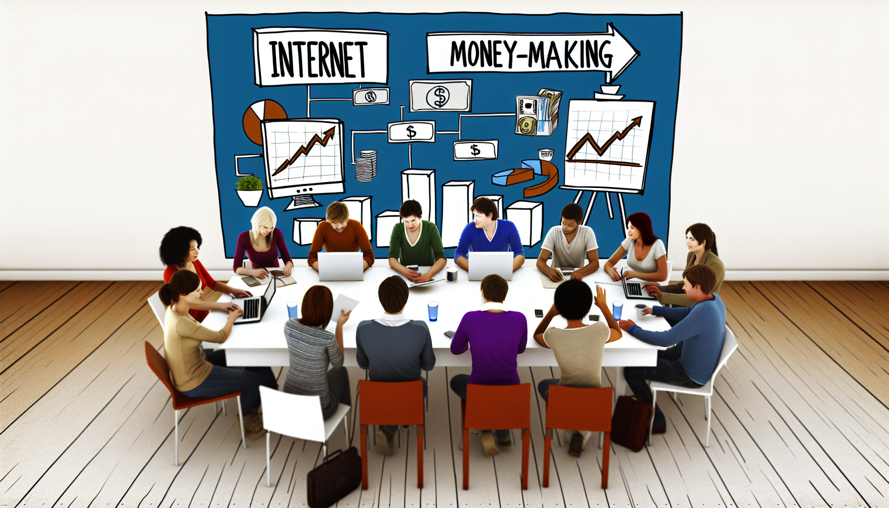 Ein Bild von Menschen verschiedener Abstammungen und Geschlechter, die mÃ¶glicherweise legere Kleidung tragen, sitzt um einen groÃŸen Tisch. Sie sind in eine lebhafte Diskussion vertieft, mit Papieren, Laptops und Mobiltelefonen, die Ã¼berall verstreut sind. An der Wand ist ein groÃŸes Whiteboard oder ein Bildschirm zu sehen, auf dem Diagramme und Grafiken angezeigt werden, die Ideen und AustauschmÃ¶glichkeiten zum Geldverdienen im Internet symbolisieren. Dies kÃ¶nnte ein gemeinsamer Arbeitsraum oder vielleicht ein kreatives CafÃ© sein. Die gesamte AtmosphÃ¤re deutet auf engagierte, innovative Menschen hin, die Ideen fÃ¼r einkommensgenerierende Online-LÃ¶sungen brainstormen.