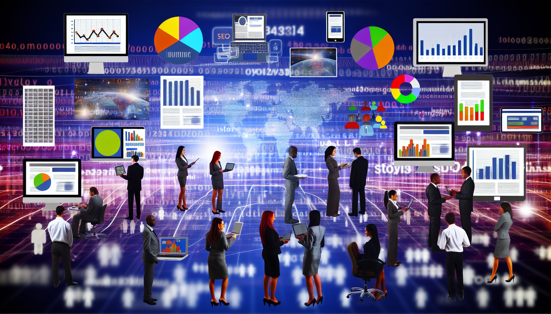Stellen Sie sich ein pulsierendes digitales Zentrum vor, das das Online-Marketing repräsentiert. Verschiedene Darstellungen digitaler Medien wie Smartphones, Computer und Tablets zeigen verschiedene Marketinganzeigen. Grafiken und Diagramme, die Web-Analyse-Statistiken anzeigen, schweben umher. Datenpakete fließen in Strömen und repräsentieren den Internetverkehr, während SEO-bezogene Konzepte veranschaulicht werden. Über dieser technologischen Landschaft arbeitet ein ethnisch vielfältiges Team von Marketingexperten, sowohl Männer als auch Frauen, die die digitale Landschaft in Echtzeit optimieren und Variablen anpassen.
