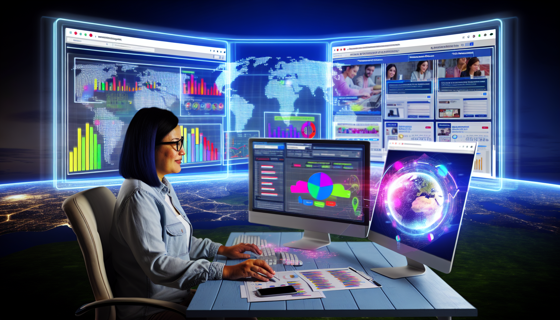 Visualisieren Sie eine detaillierte Cyberlandschaft, in der Online-Marketing stattfindet. Eine hispanische Frau sitzt an einem Schreibtisch mit drei Computerbildschirmen, auf denen verschiedene Datenanalysen, Webseiten und digitale Werbekampagnen präsentiert werden. Sie analysiert die Daten und arbeitet an einer Marketingstrategie. Mehrere Browserfenster sind auf einem Monitor geöffnet und zeigen bunte Balkendiagramme und Liniendiagramme. Eine interaktive Weltkarte zeigt die Online-Nutzerpräsenz. Über ihr schwebt ein 3D-Hologramm der Erde, das leuchtet und Hotspots anzeigt, die demografische Trends im digitalen Marketing darstellen. Diese Szene verdeutlicht die Fortschritte und Komplexitäten des modernen Online-Marketings.