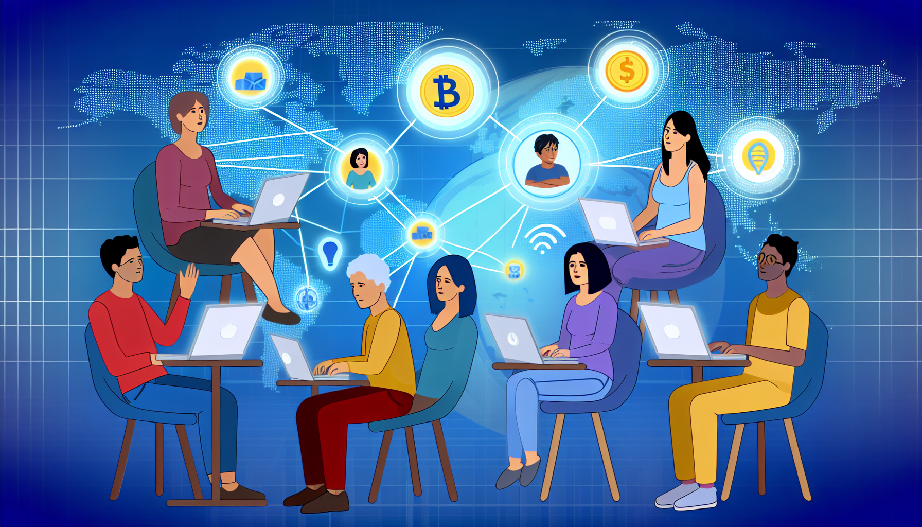 Illustrieren Sie ein abstraktes Konzept, das die Idee des Geldverdienens online zeigt. Die Szene sollte Personen darstellen, die virtuell diskutieren und Ideen austauschen. Sie könnten zu Hause sitzen, mit Laptops auf ihren Schreibtischen, während digitale Symbole, die verschiedene Online-Geldverdienstrategien wie Blogging, Affiliate-Marketing, Online-Handel und digitale Inhaltserstellung repräsentieren, über ihren Bildschirmen schweben. Fügen Sie eine Weltkarte im Hintergrund hinzu, die die weltweite Reichweite dieser Möglichkeiten symbolisiert. Die Personen sollten einen mittelalten kaukasischen Mann, eine junge hispanische Frau und einen südasiatischen Teenager ohne spezifisches Geschlecht umfassen.