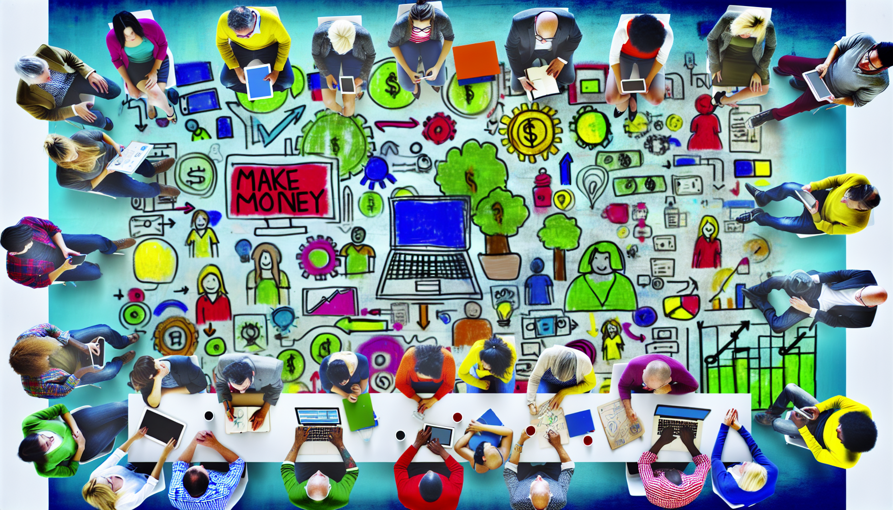 Eine lebendige Szene von vielfältigen Menschen, die brainstormen und Ideen austauschen, wie man online Geld verdienen kann. Das Bild zeigt mehrere Personen unterschiedlichen Alters, Ethnie und Geschlechts, die jeweils ihre einzigartigen Gedanken einbringen. Einige nutzen Laptops und Tablets, andere zeichnen Diagramme auf einem großen Whiteboard, während einige ihre Ideen verbal äußern. Auf einem Tisch liegen verschiedene Werkzeuge für digitale Arbeit - Laptops, Smartphones und digitale Tablets. Die Atmosphäre ist kollaborativ und enthusiastisch und weckt den Geist des kollektiven Unternehmertums im digitalen Zeitalter.