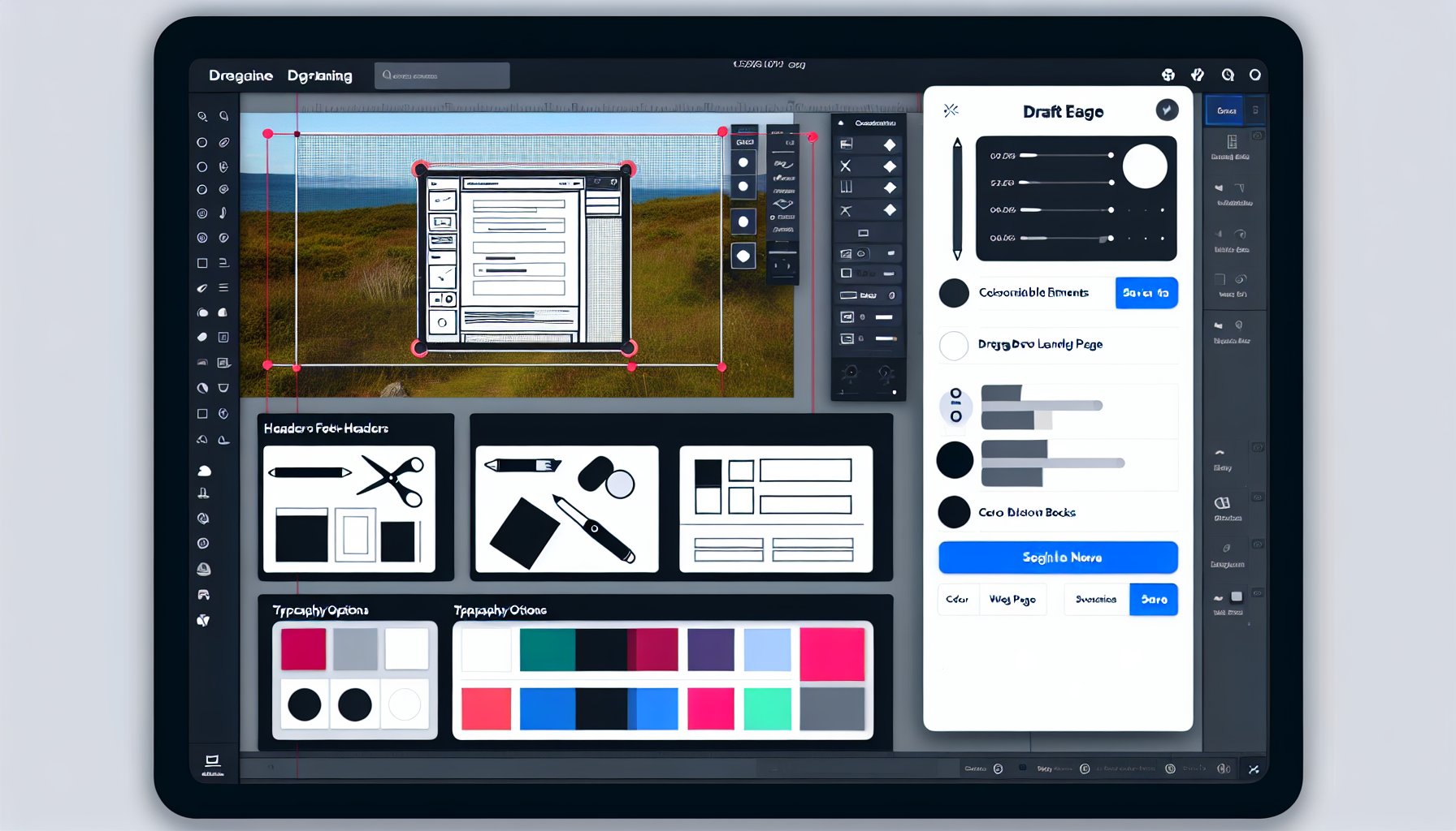 Gestalten Sie eine Benutzeroberfläche für einen vielseitigen Landing Page Builder. Sie sollte eine Vielzahl von anpassbaren Elementen enthalten, wie Kopfzeilen, Fußzeilen, Bildbanner und Textblöcke. Die Seitenleiste sollte verschiedene Werkzeuge und Optionen zur Anpassung bieten, wie einen Farbwähler, Typografie-Optionen und Drag-and-Drop-Module. Auf dem Bildschirm sollte eine Entwurf-Landing-Page angezeigt werden, auf der die Benutzer in Echtzeit beobachten können, wie sich ihre Änderungen auf die Webseite auswirken. Das obere Menü sollte Optionen zum Speichern, Vorschauen und Veröffentlichen der Landing Page enthalten.