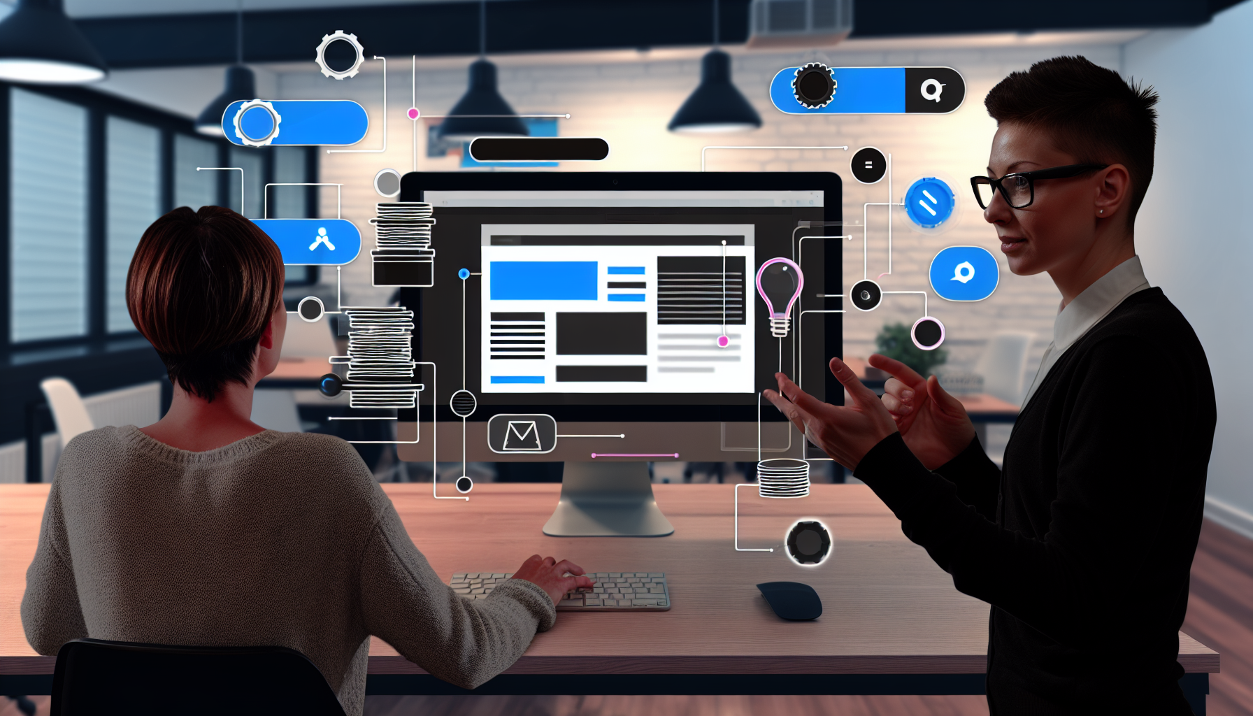 Ein Bild, das einen digitalen Landing-Page-Builder darstellt. In der Mitte befindet sich ein Computerbildschirm, der eine dynamisch interaktive Vorlage einer Landing-Page anzeigt. Eine Reihe von Werkzeugen und Symbolen ist an den Seiten angeordnet und deutet auf eine Vielzahl von Designelementen hin. Eine Entwicklerin, eine kaukasische Frau in ihren 30ern mit braunen Haaren, arbeitet daran. Zu ihrer Linken steht ein asiatischer Mann in seinen 40ern mit Brille und schwarzem Pullover, der auf den Bildschirm zeigt und einige Modifikationen vorschlägt. Die gesamte Umgebung ist ein modernes, gut beleuchtetes Co-Working-Space.