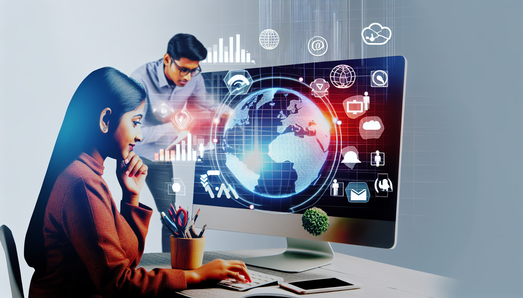 Erstellen Sie eine visuelle Darstellung des Konzepts des Online-Marketings. Das Bild sollte eine fiktive südasianische Frau zeigen, die an einem Computer sitzt und fleißig an ihren Marketingstrategien arbeitet. Der Bildschirm des Computers ist mit verschiedenen Grafiken und Diagrammen gefüllt. Um sie herum schweben Symbole von sozialen Medien, die verschiedene Marketingkanäle symbolisieren. Im Hintergrund ist ein asiatischer Mann zu sehen, der mit einer virtuellen Weltkarte in den Händen strategisiert, was die globale Reichweite des Online-Marketings symbolisiert.