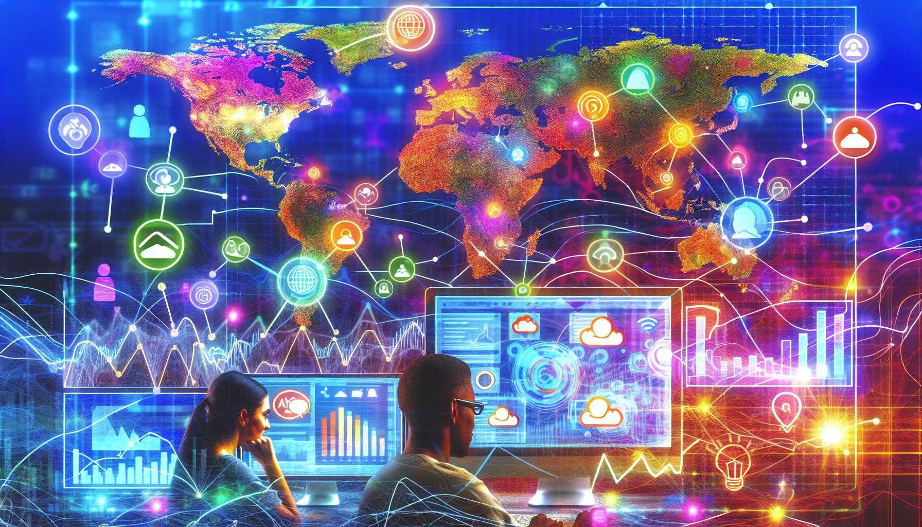 Visualisieren Sie eine zeitgenössische digitale Landschaft, die mit verschiedenen Symbolen für Online-Marketing-Strategien gefüllt ist. Diese Szene wird von einer lebendigen Weltkarte im Hintergrund geprägt, auf der winzige menschliche Figuren die Karte navigieren und digitale Vermarkter symbolisieren. Von der Karte gehen digitale Wellen aus, die Internet-Signale verkörpern. Leuchtende Knoten repräsentieren soziale Medien, Suchmaschinen und E-Mail-Symbole, die verschiedene Marketingkanäle signalisieren. Im Vordergrund befindet sich ein großer Bildschirm mit verschiedenen Diagrammen, die Kennzahlen wie Website-Traffic, Conversions, Follower-Wachstum und mehr anzeigen und die Datenanalyse darstellen. Ein kaukasischer Mann und eine hispanische Frau sind am Computer zu sehen und analysieren, was die Vielfalt im Marketingbereich repräsentiert.