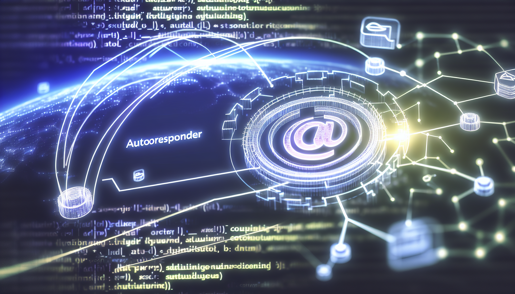 Stellen Sie ein automatisiertes Kommunikationssystem dar, das typischerweise als Autoresponder bekannt ist. Zeigen Sie das System in Form von verbundenen technologischen Geräten (wie Computern, Servern usw.) und zugehörigen Softwareanwendungen. Lassen Sie Linien von Code durch das Netzwerk laufen, um die zugrunde liegende Programmierstruktur der Technologie zu veranschaulichen. Integrieren Sie einige Elemente futuristischen Designs und komplexer, fortschrittlicher Konzepte der künstlichen Intelligenz, einschließlich neuronaler Netzwerke und Algorithmen des maschinellen Lernens.
