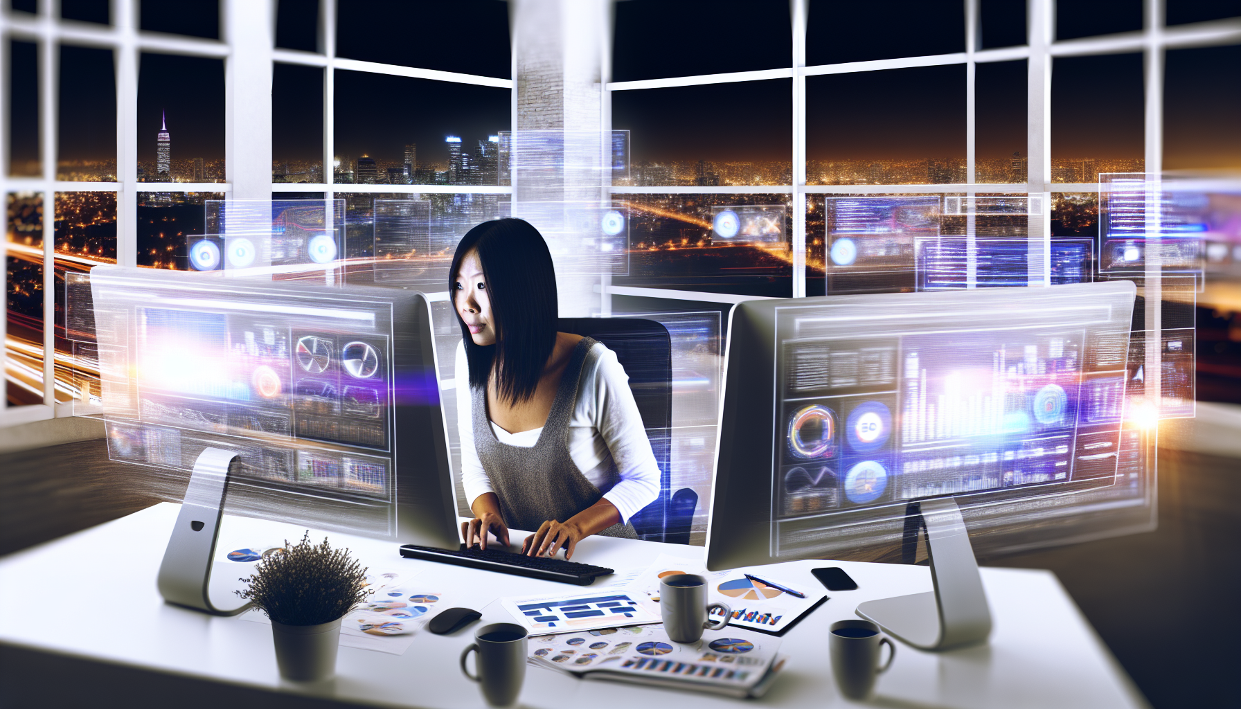 Stellen Sie sich eine lebhafte Szene vor, die das Online-Marketing repräsentiert. Die zentrale Figur ist eine asiatische Frau in ihren 30ern, die an einem großen Schreibtisch sitzt, der mit mehreren Computerbildschirmen gefüllt ist, die verschiedene Grafiken und Daten anzeigen. Sie befindet sich in einem modernen Büro mit weißen Wänden und großen Fenstern, die einen nächtlichen Stadtblick offenbaren. Sie tippt konzentriert auf einer eleganten Tastatur, während ihre andere Hand geschäftig eine Maus bewegt. Über ihren Schreibtisch verteilt liegen verschiedene Dokumente zu SEO und Content-Strategien, neben Tassen, die mit Kaffee und Tee gefüllt sind. Das Bild soll die Dynamik und das schnelle Tempo des Online-Marketings hervorheben.
