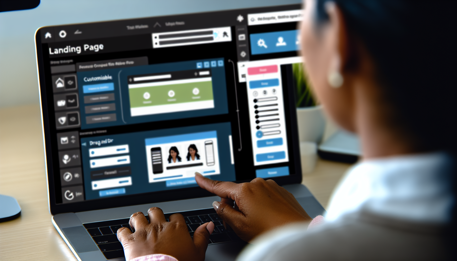 Eine detaillierte Ansicht eines digitalen Werkzeugs, das als Landing Page Builder bekannt ist. Zeigen Sie eine benutzerfreundliche Oberfläche mit verschiedenen Elementen wie anpassbaren Vorlagen, einer Drag-and-Drop-Funktion und einem Vorschaufenster. Dieser Builder sollte auch eine Vielzahl von Webdesign-Tools anzeigen, einschließlich Textwerkzeugen, Grafikwerkzeugen und Farbpaletten. Die Benutzerin, eine südasiatische Frau, modifiziert eine der Vorlagen und verwendet dabei einen Laptop. Die Szene umfasst Schaltflächen, Schalter und Symbole, die die Funktionalität der Anwendung anzeigen. Bitte stellen Sie sicher, dass es einen intuitiven und benutzerzentrierten Designansatz demonstriert.
